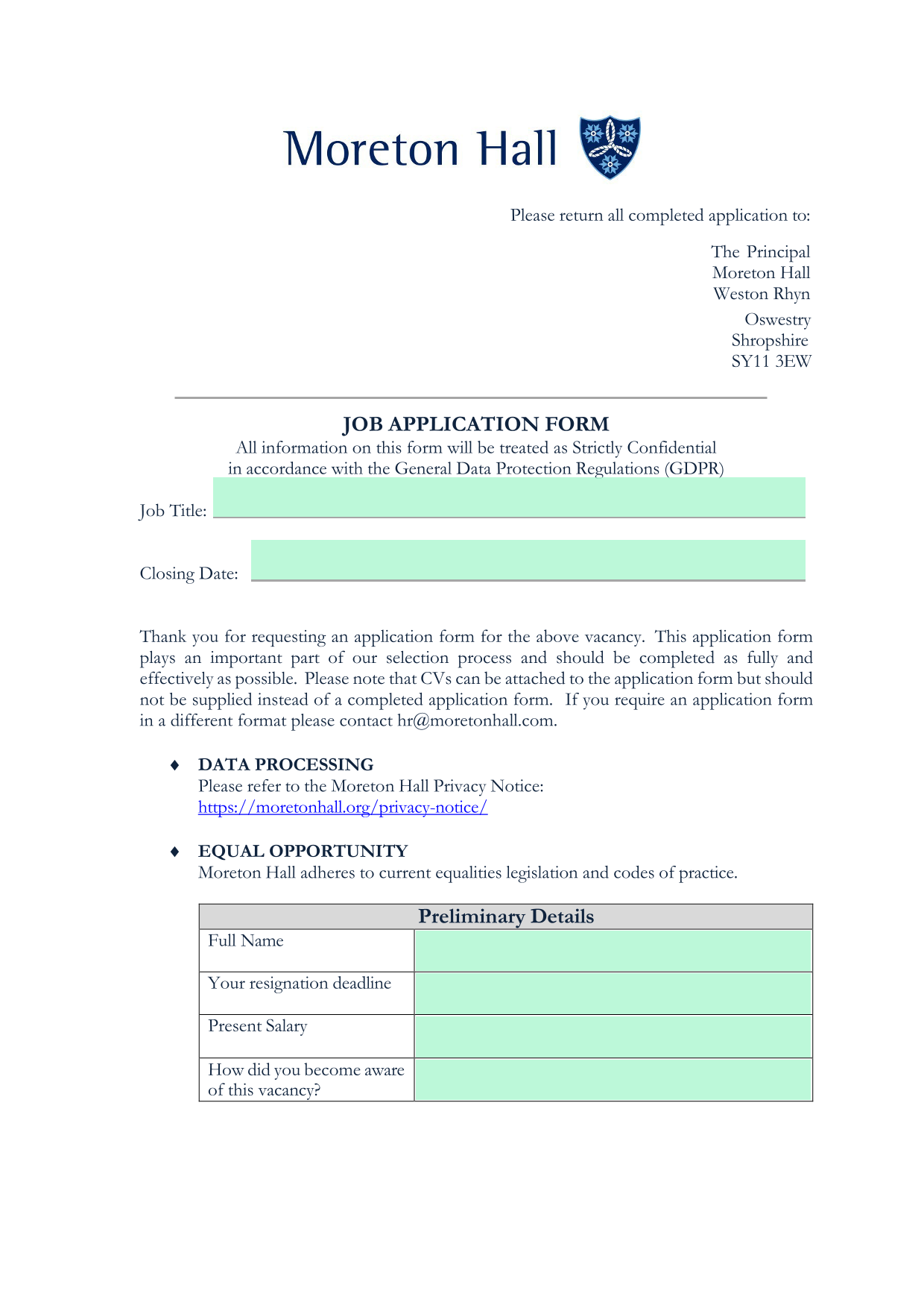 JOB APPLICATION FORM screenshot