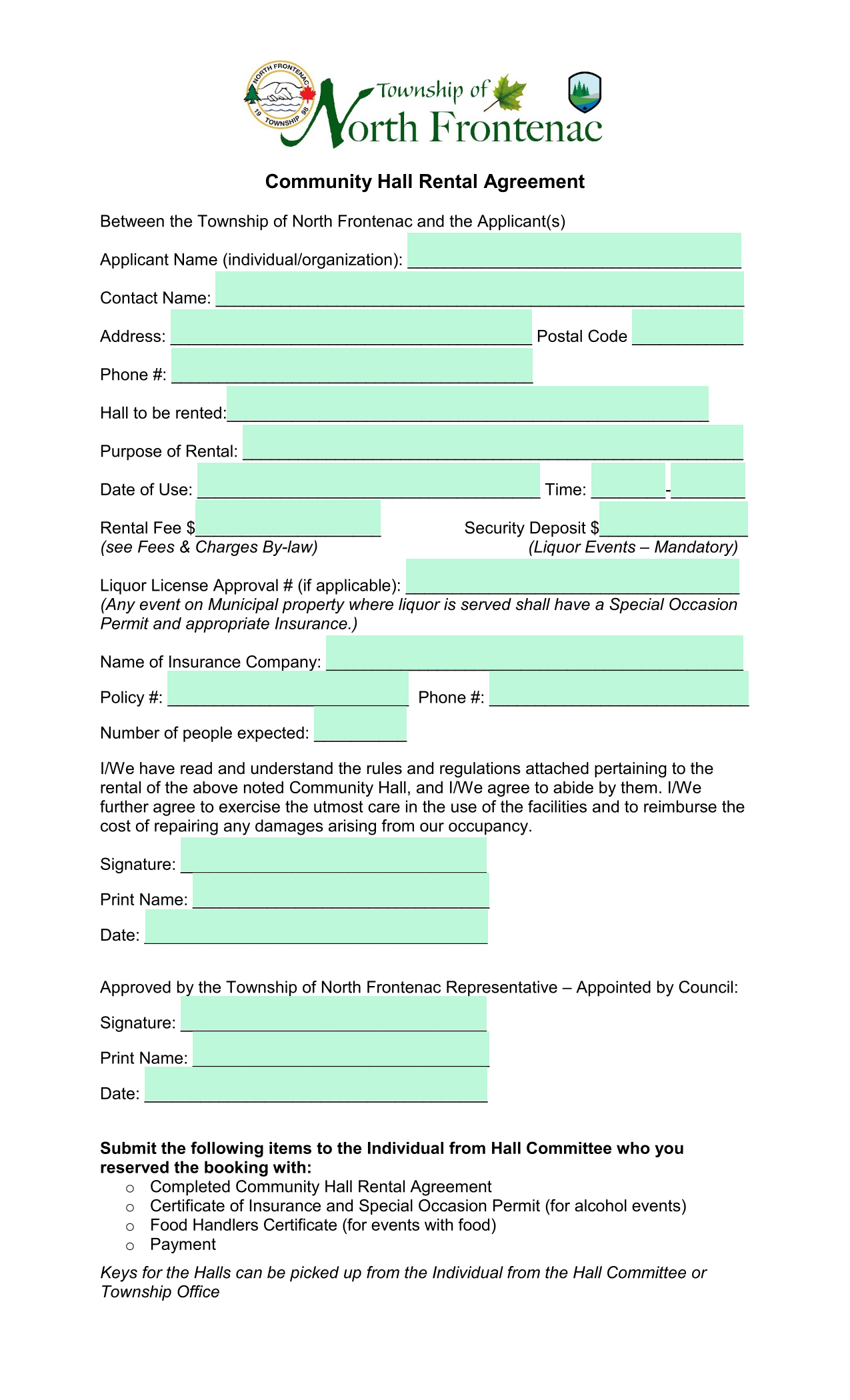Community Hall Rental Agreement screenshot