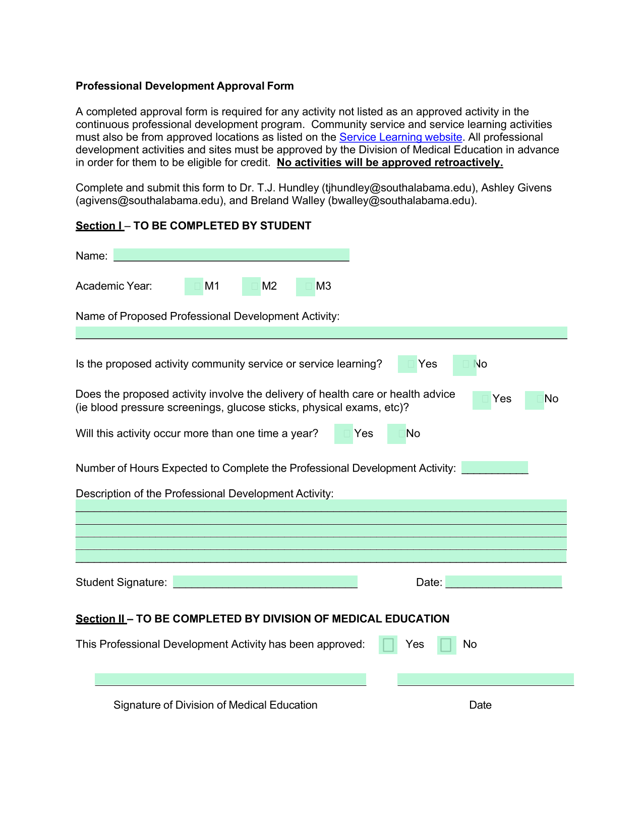 Professional Development Approval Form screenshot