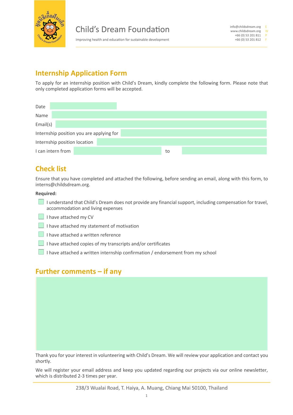 Internship Application Form screenshot