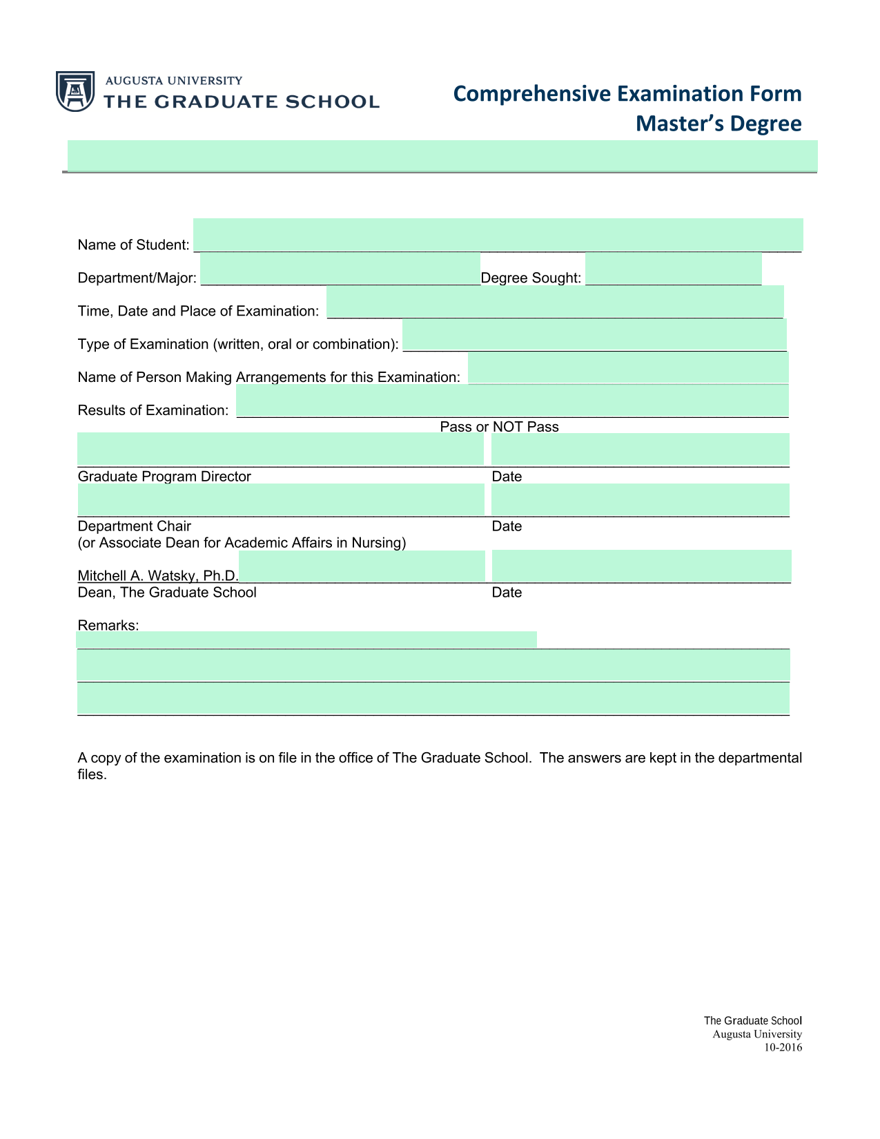 Comprehensive Examination Form screenshot