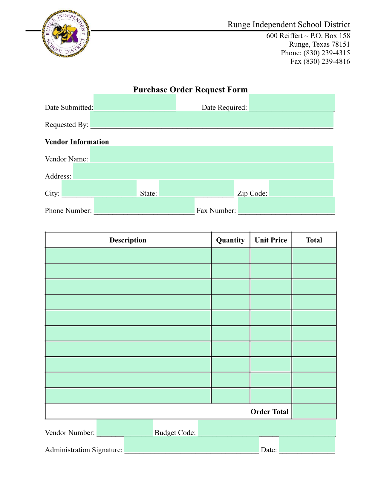 Purchase Order Request Form screenshot