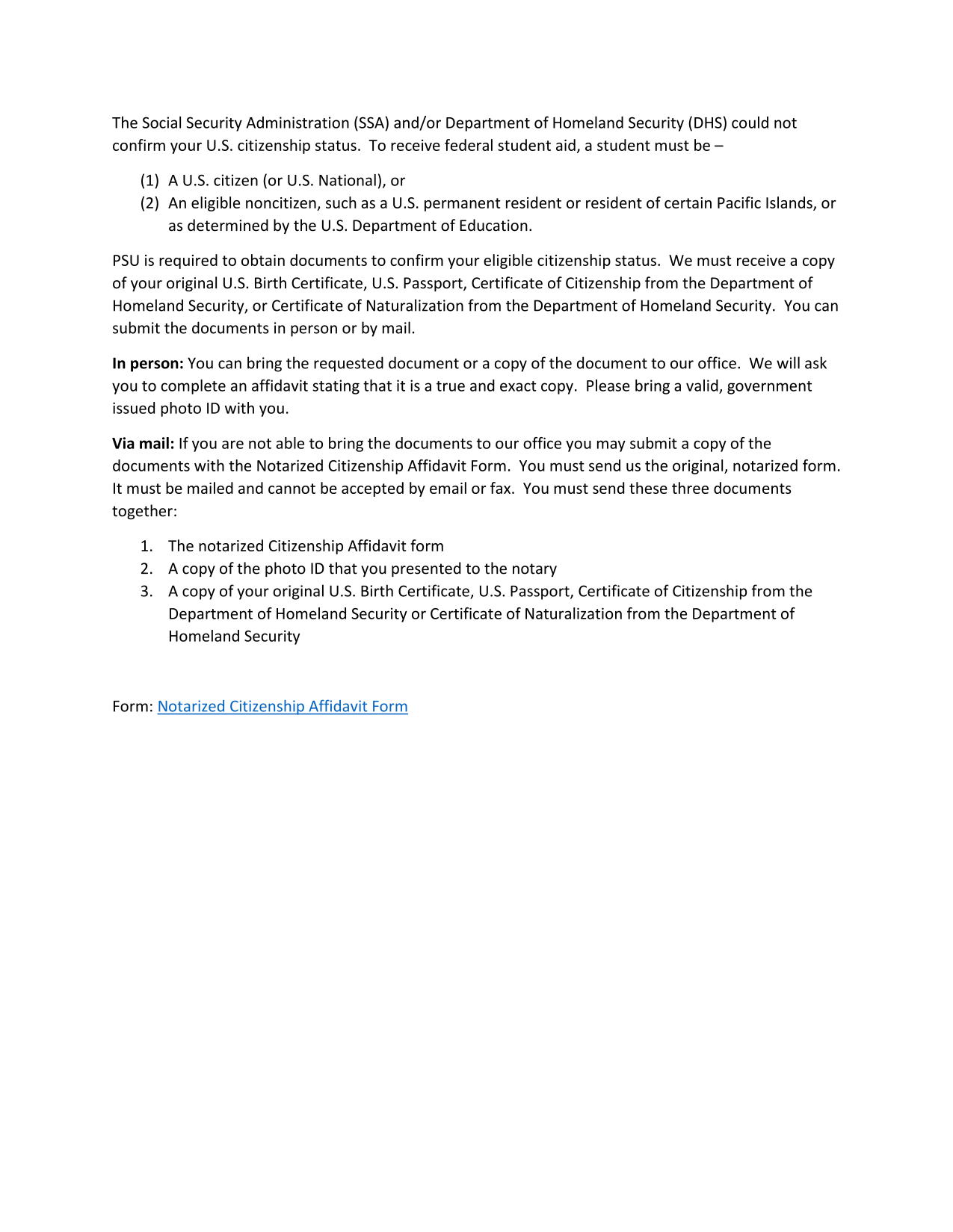 Notarized Citizenship Affidavit Form screenshot