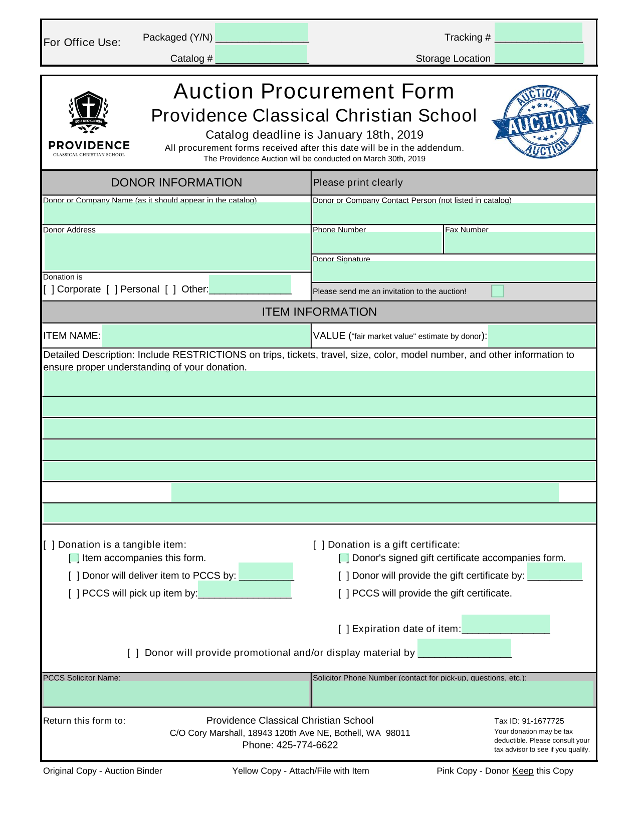 Auction Procurement Form screenshot