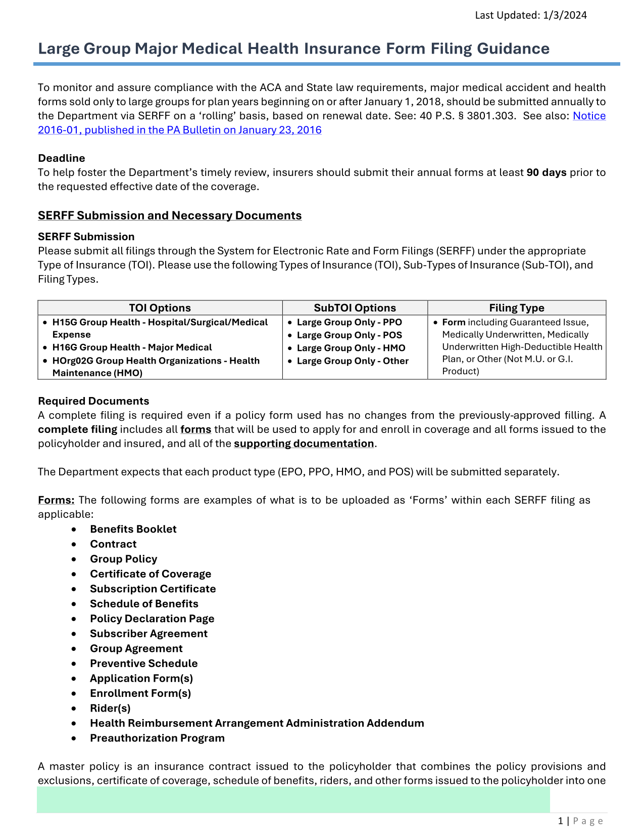 Large Group Major Medical Health Insurance Form Filing Guidance screenshot
