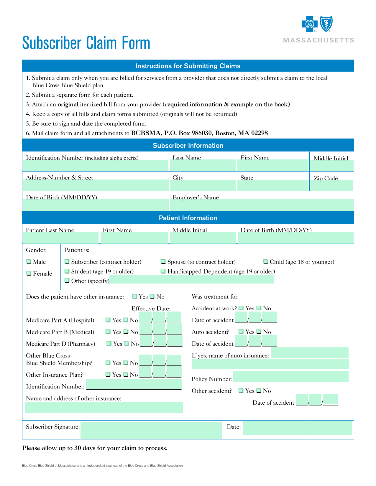 Subscriber Claim Form screenshot