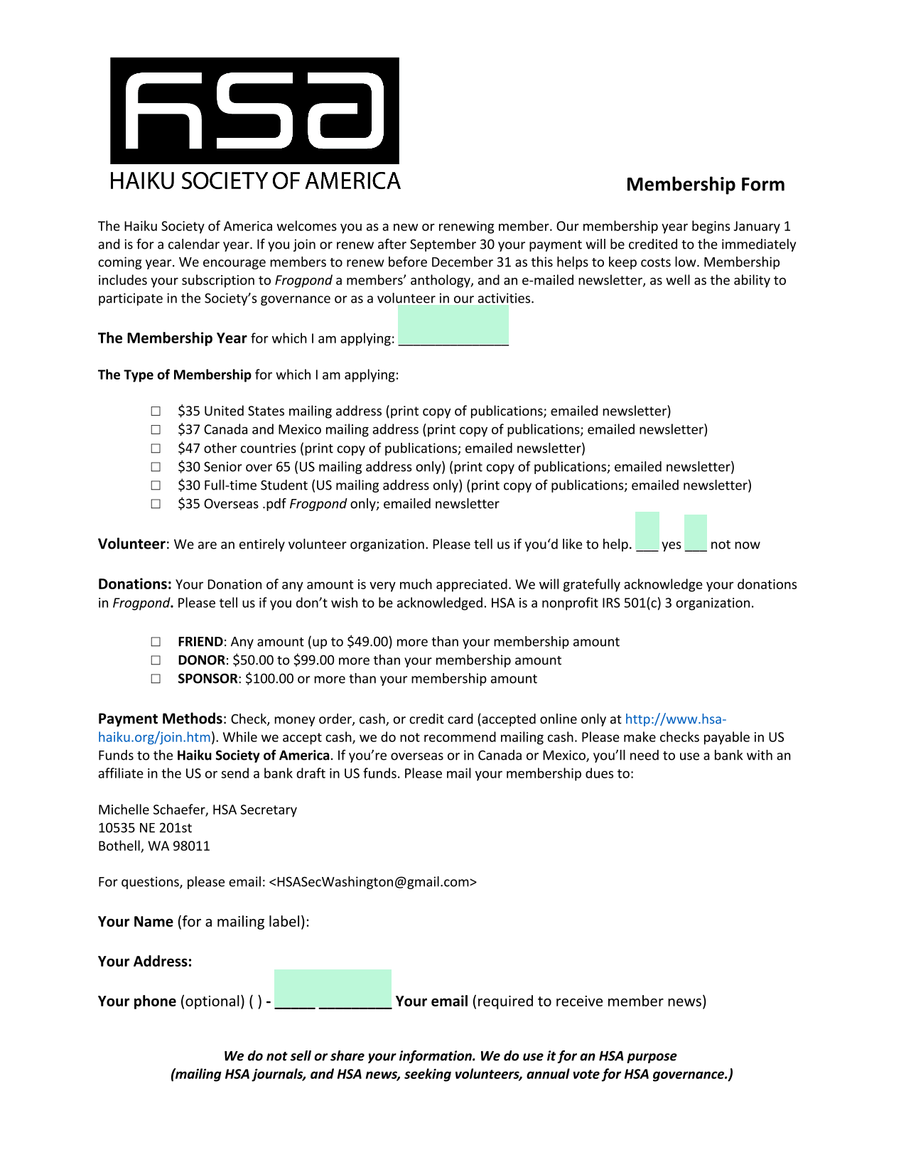 Membership Form screenshot