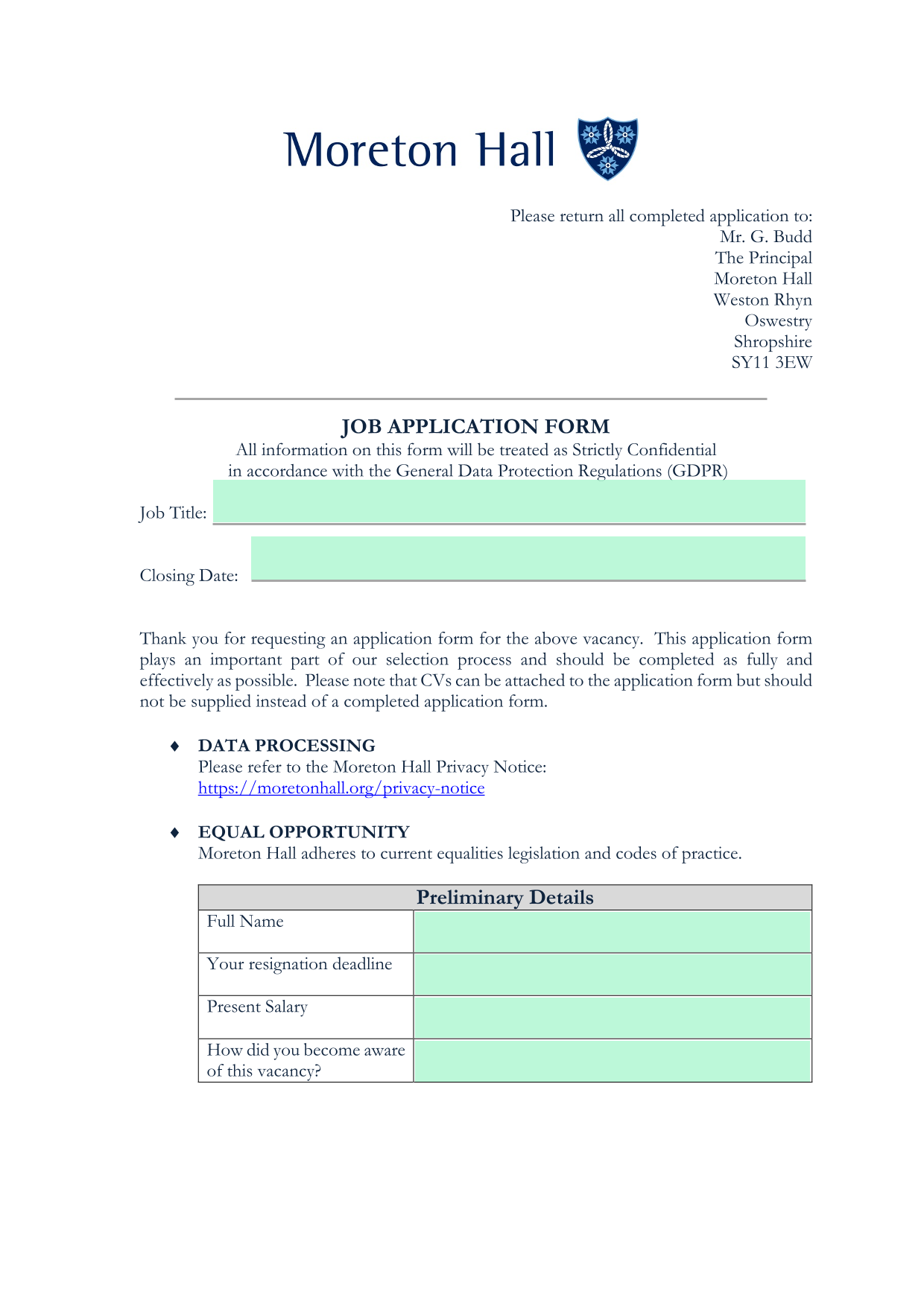 JOB APPLICATION FORM screenshot