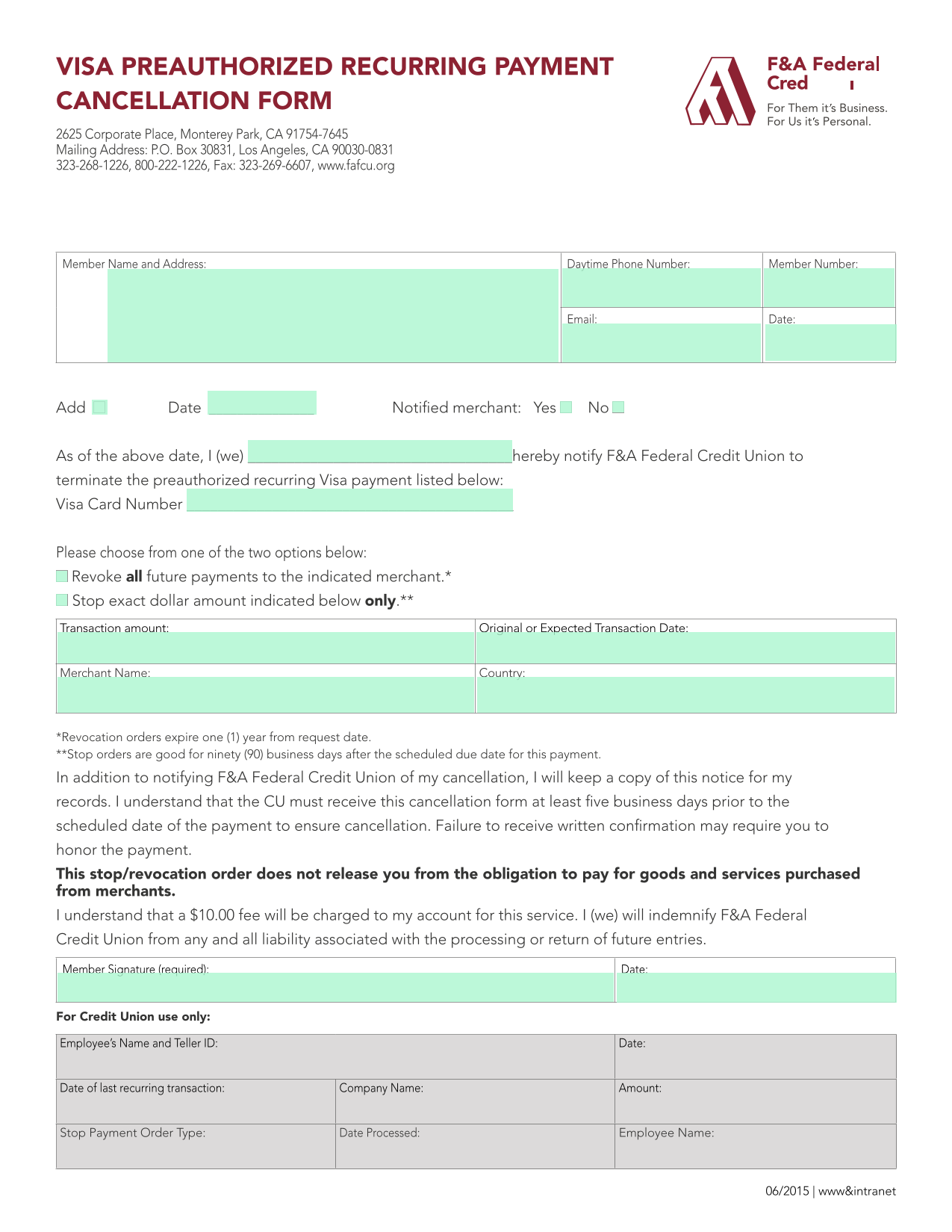 VISA PREAUTHORIZED RECURRING PAYMENT CANCELLATION FORM screenshot