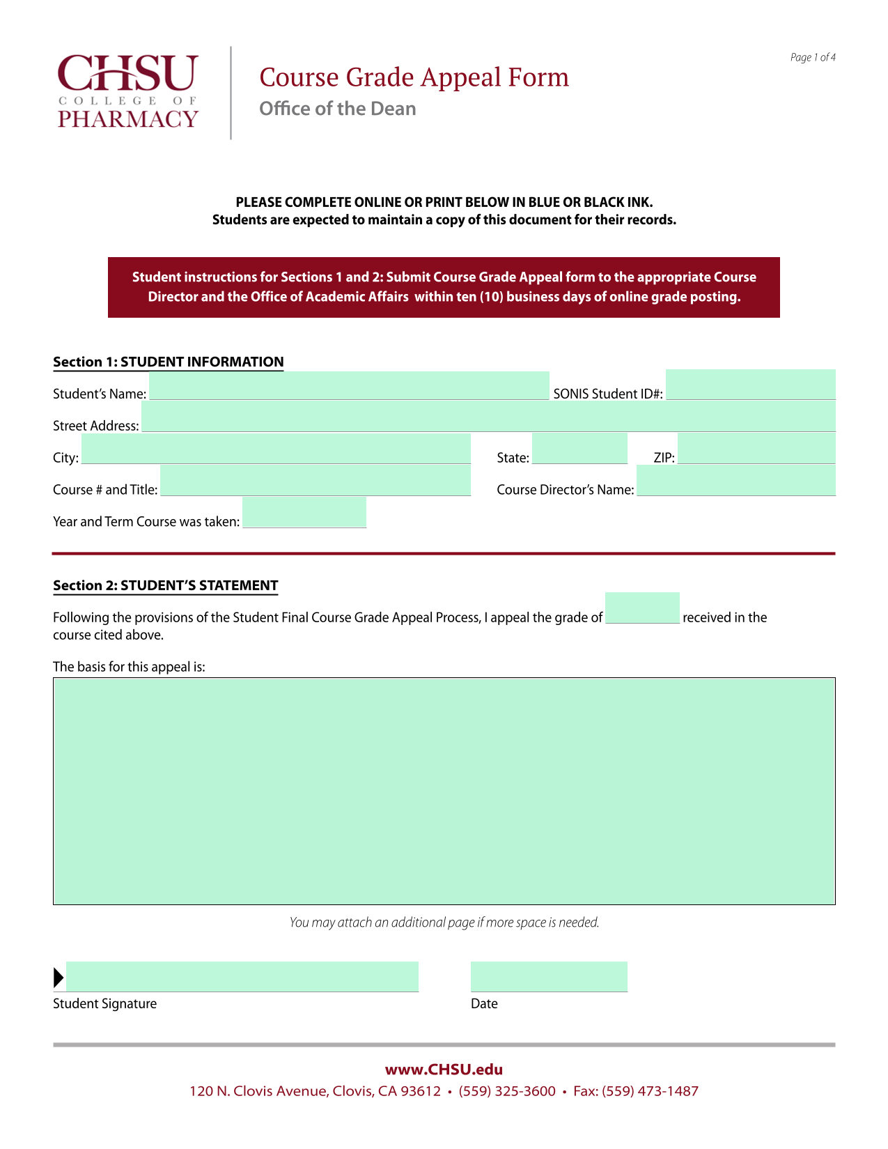 Course Grade Appeal Form screenshot