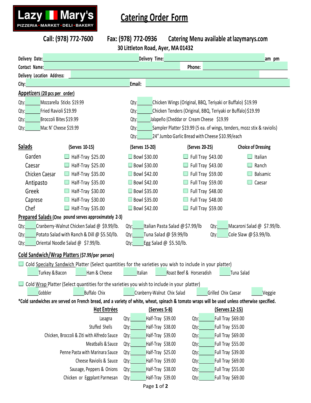Catering Order Form screenshot