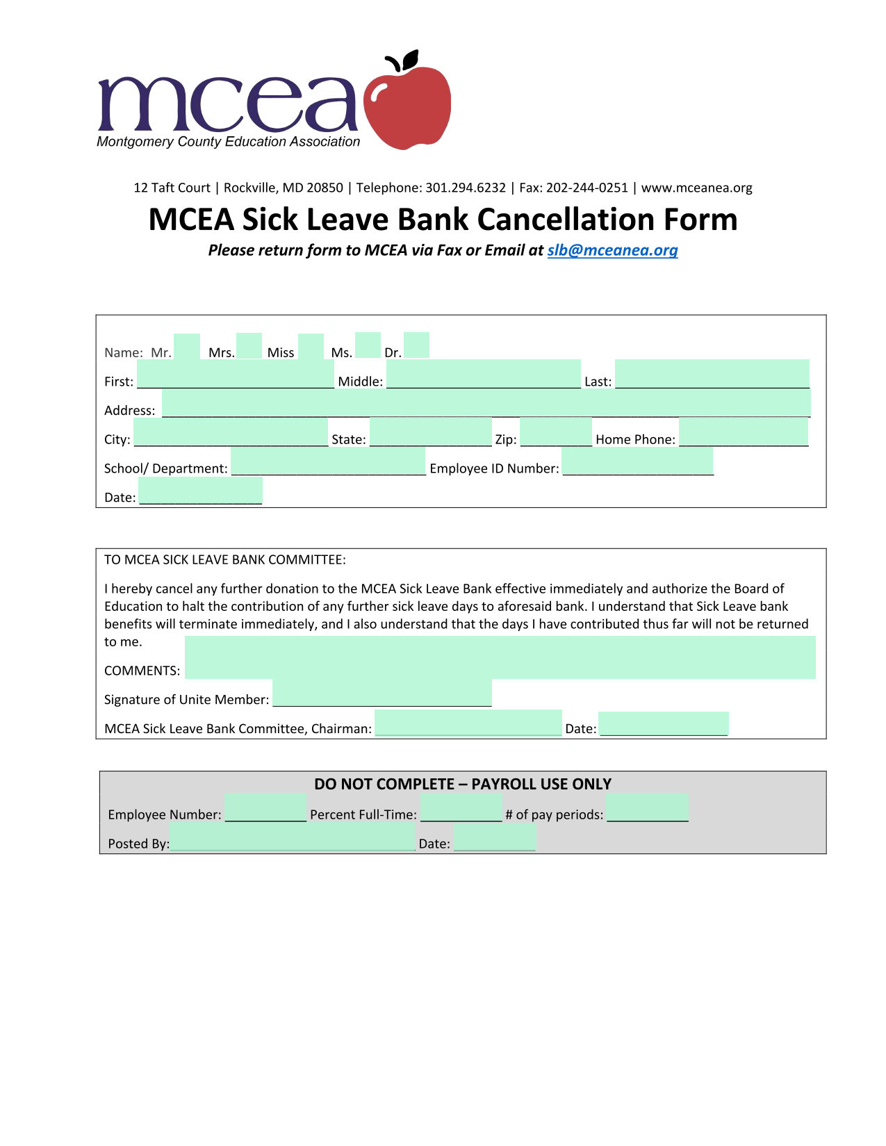 MCEA Sick Leave Bank Cancellation Form screenshot