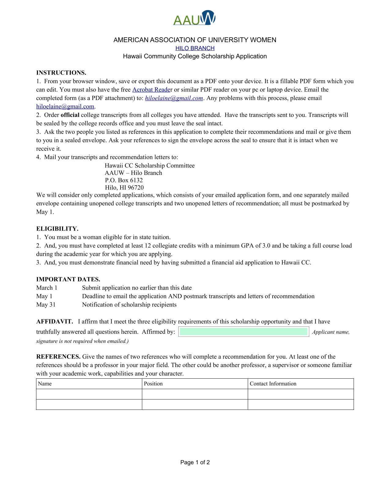 Hawaii Community College Scholarship Application screenshot