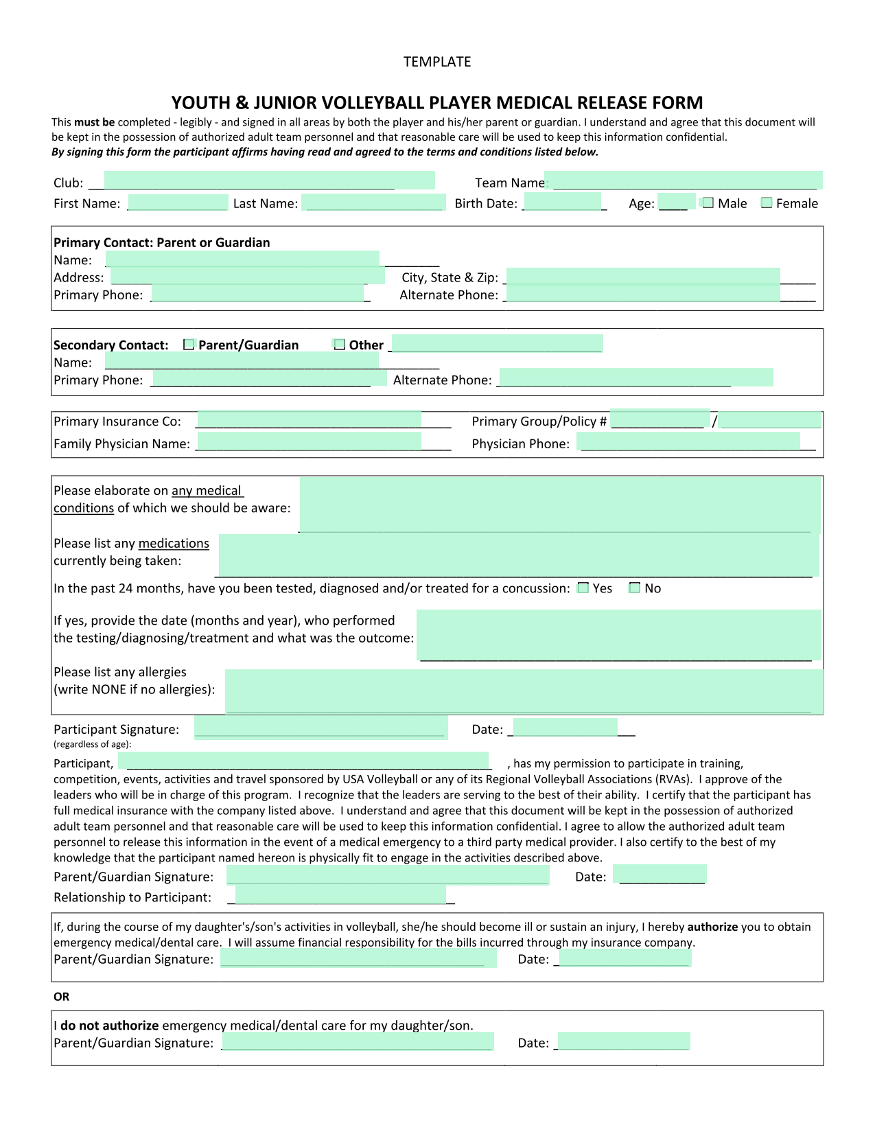 YOUTH  JUNIOR VOLLEYBALL PLAYER MEDICAL RELEASE FORM screenshot