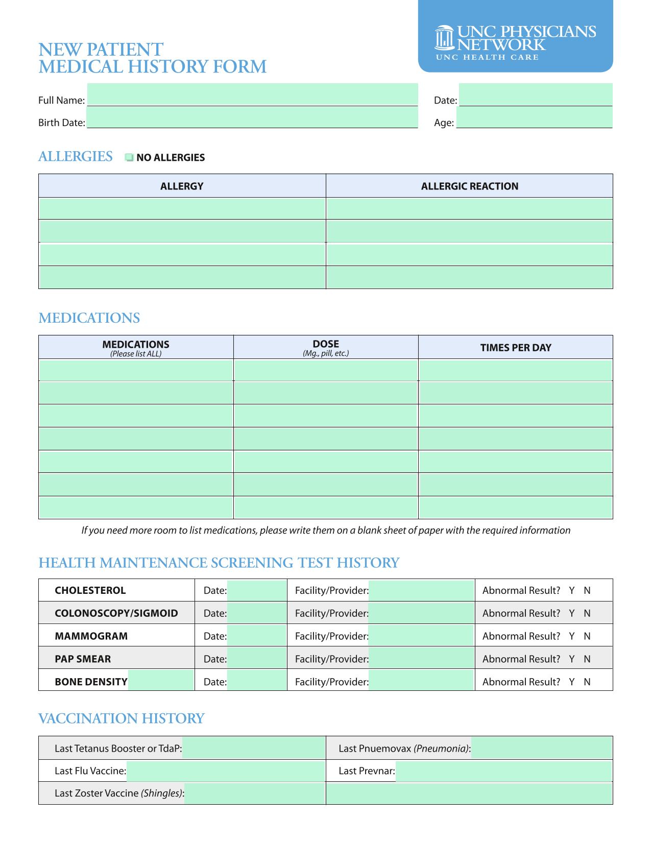 NEW PATIENT MEDICAL HISTORY FORM screenshot