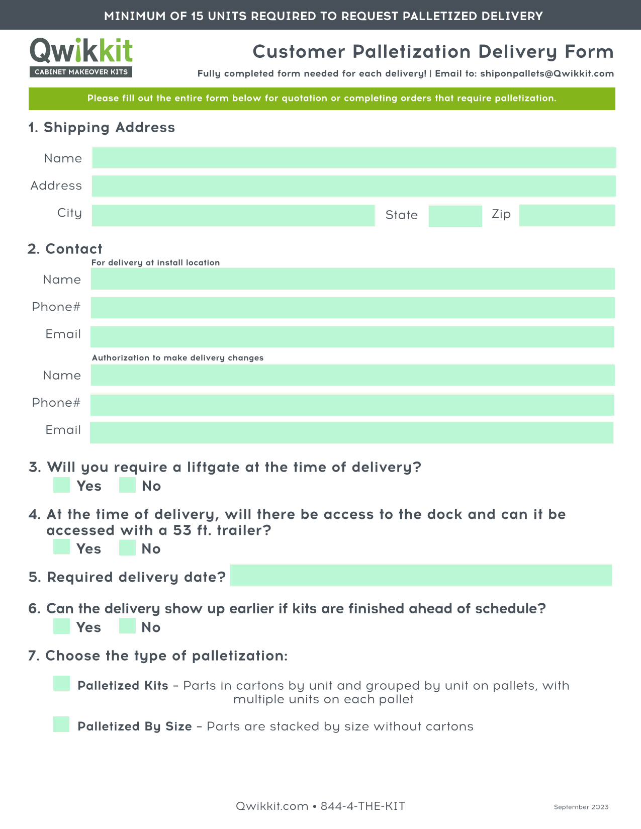 Customer Palletization Delivery Form screenshot