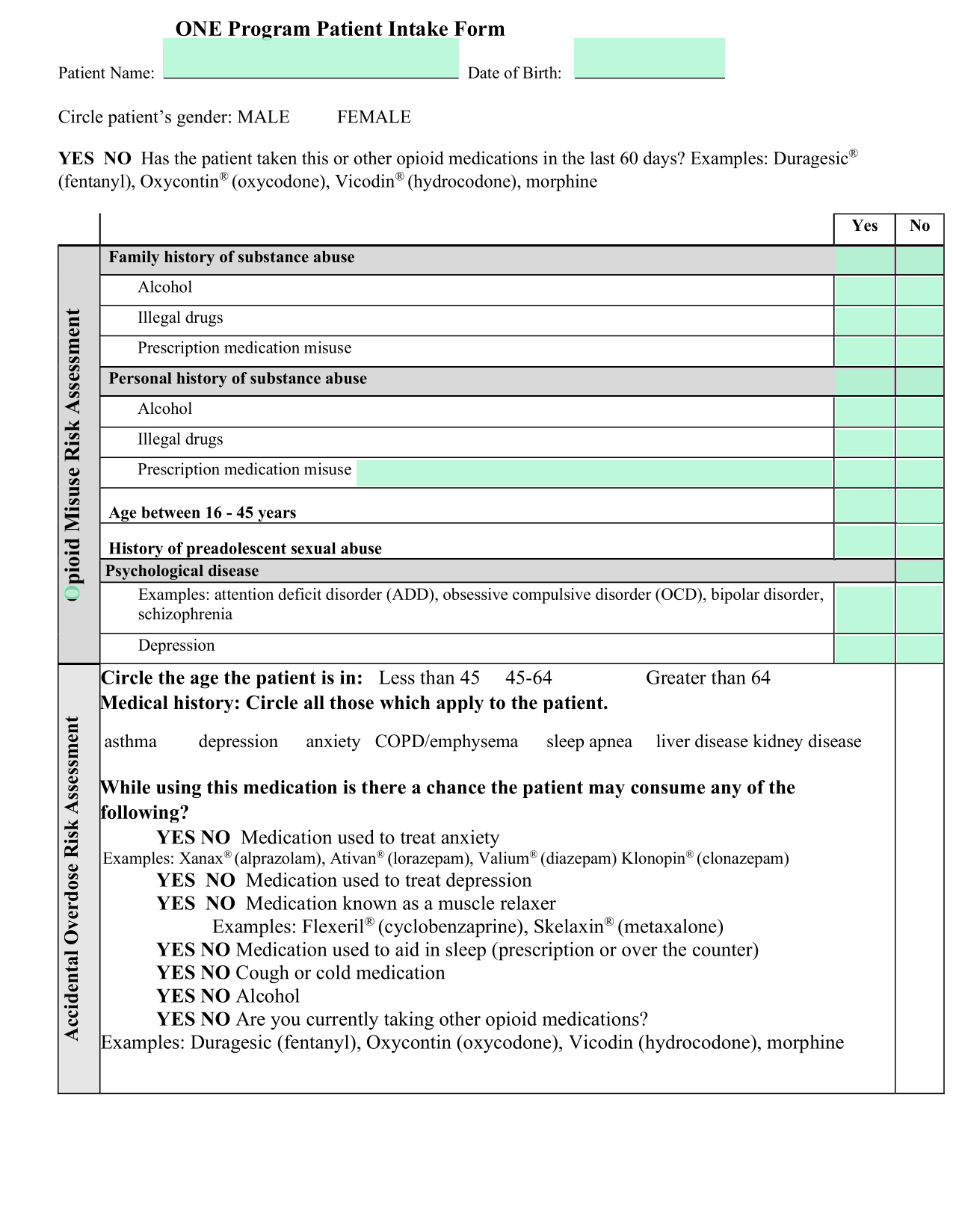 ONE Program Patient Intake Form screenshot