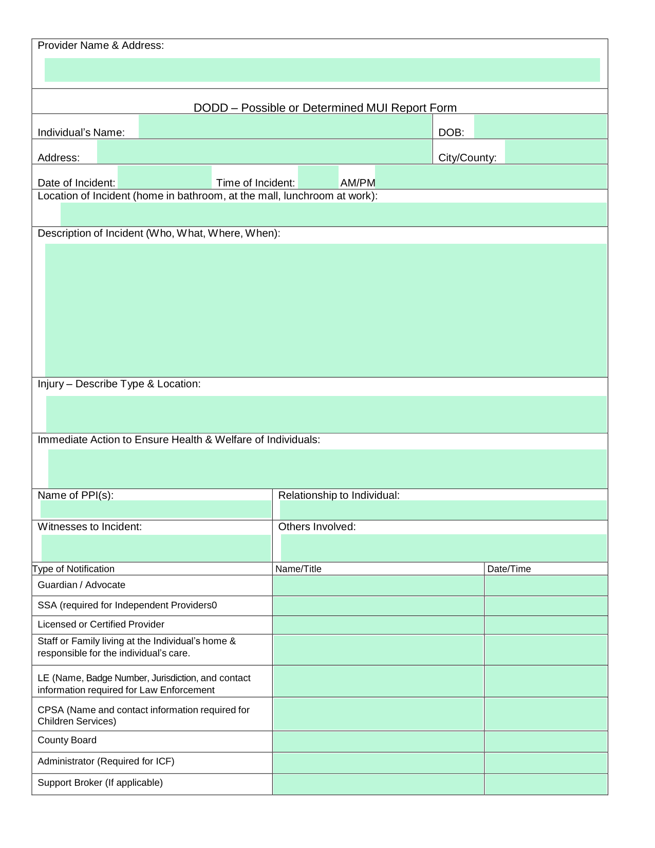 DODD  Possible Or Determined MUI Report Form screenshot
