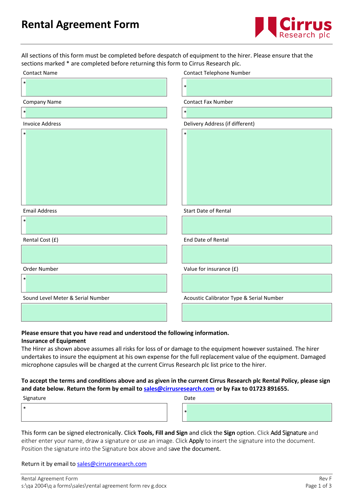 Rental Agreement Form screenshot