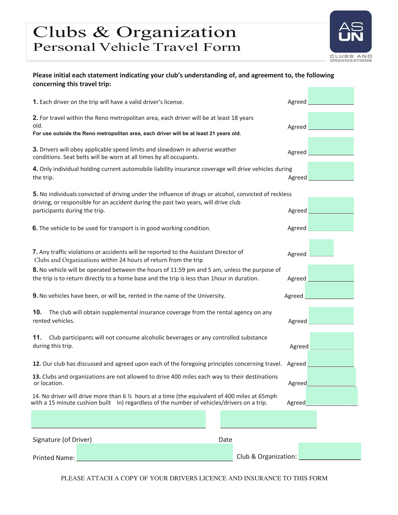 Personal Vehicle Travel Form screenshot