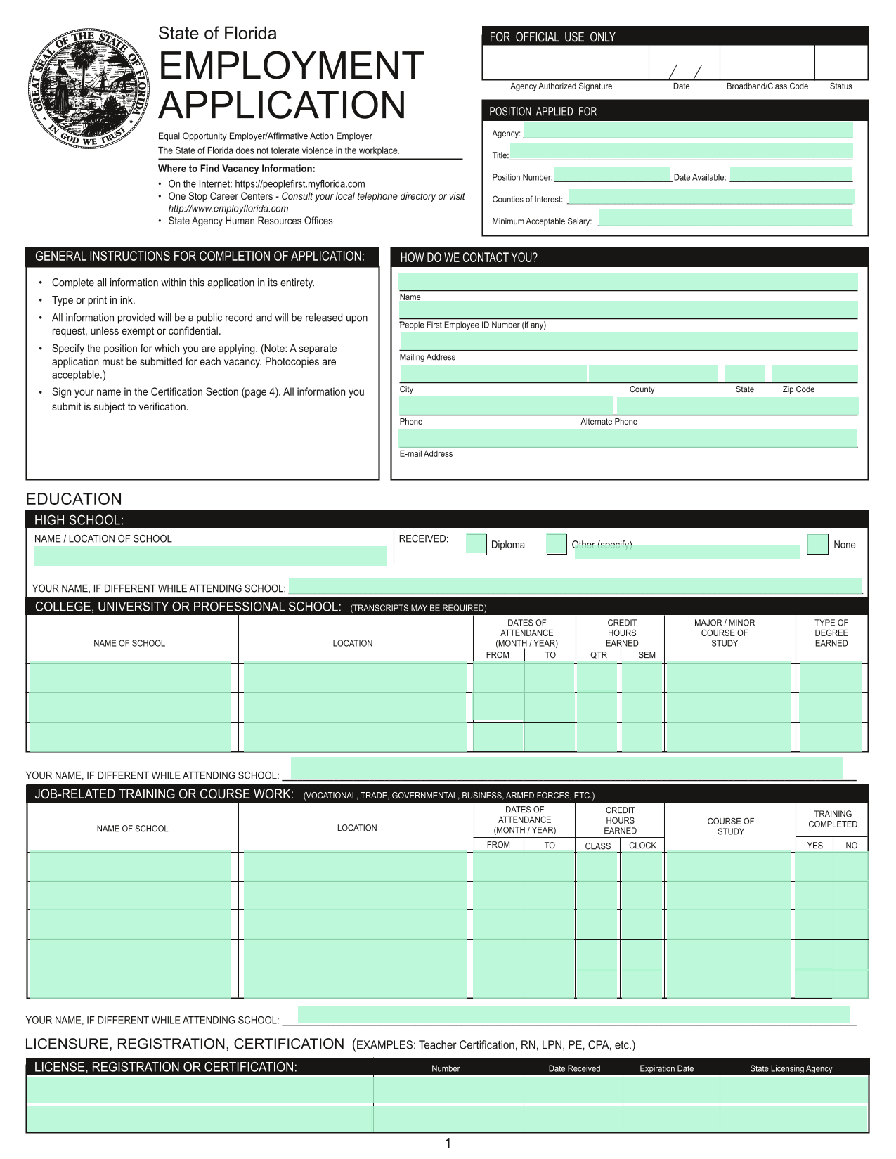 State Of Florida Employment Application screenshot