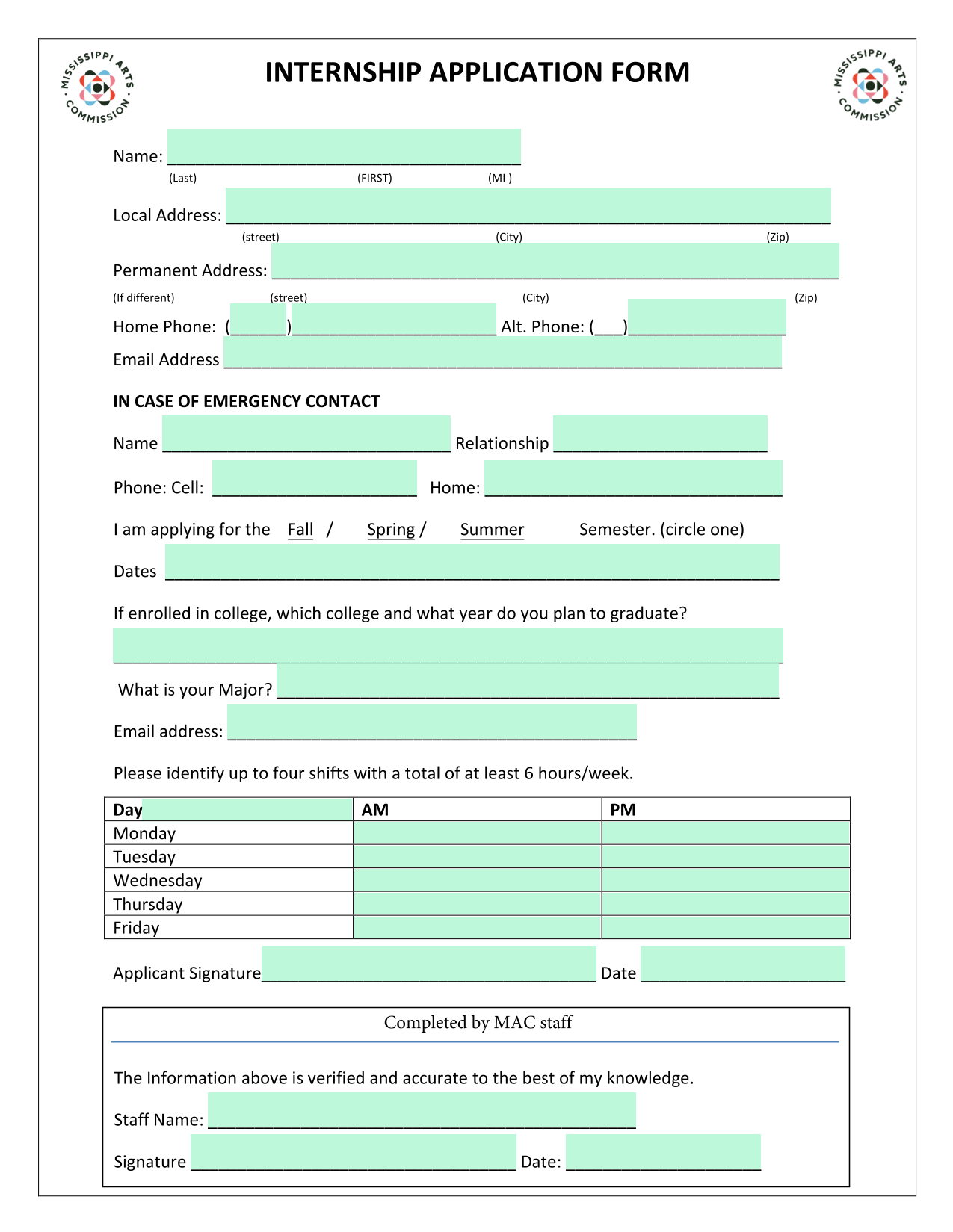 Internship Application Form screenshot