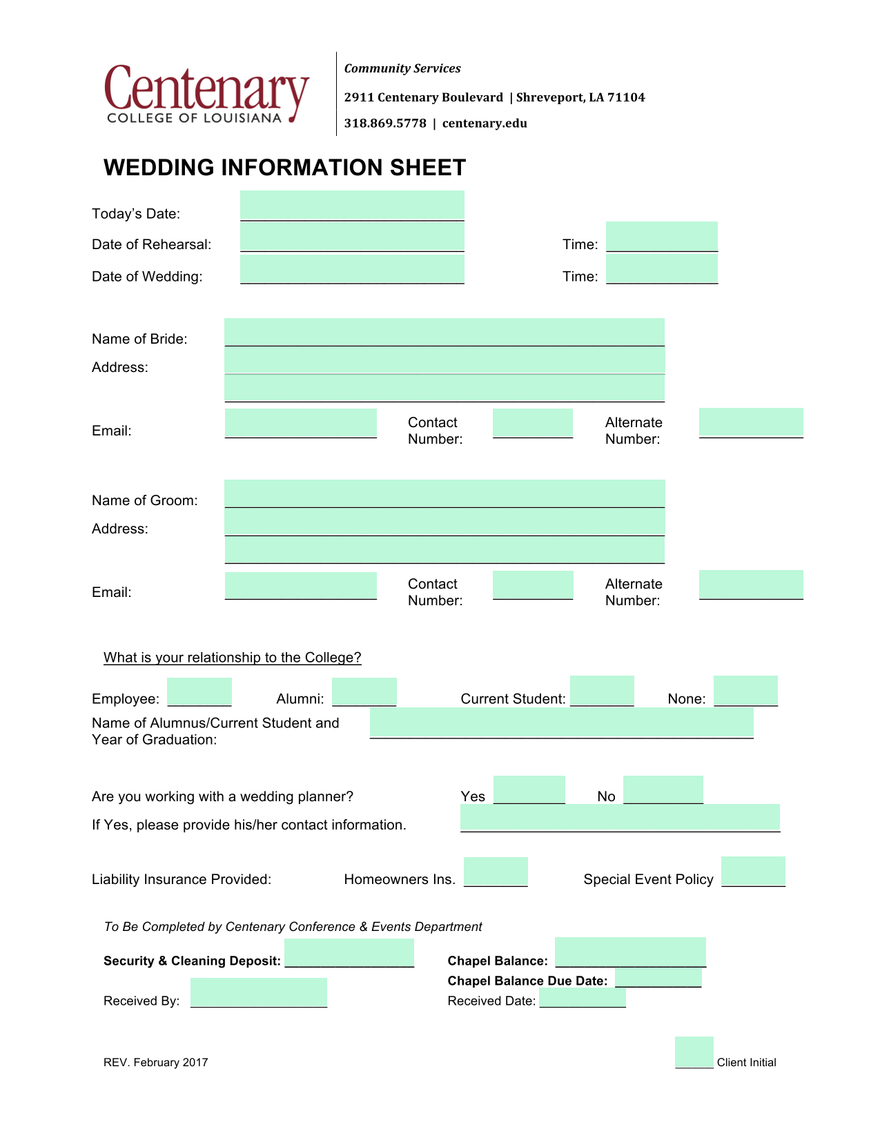 Wedding Information Sheet screenshot