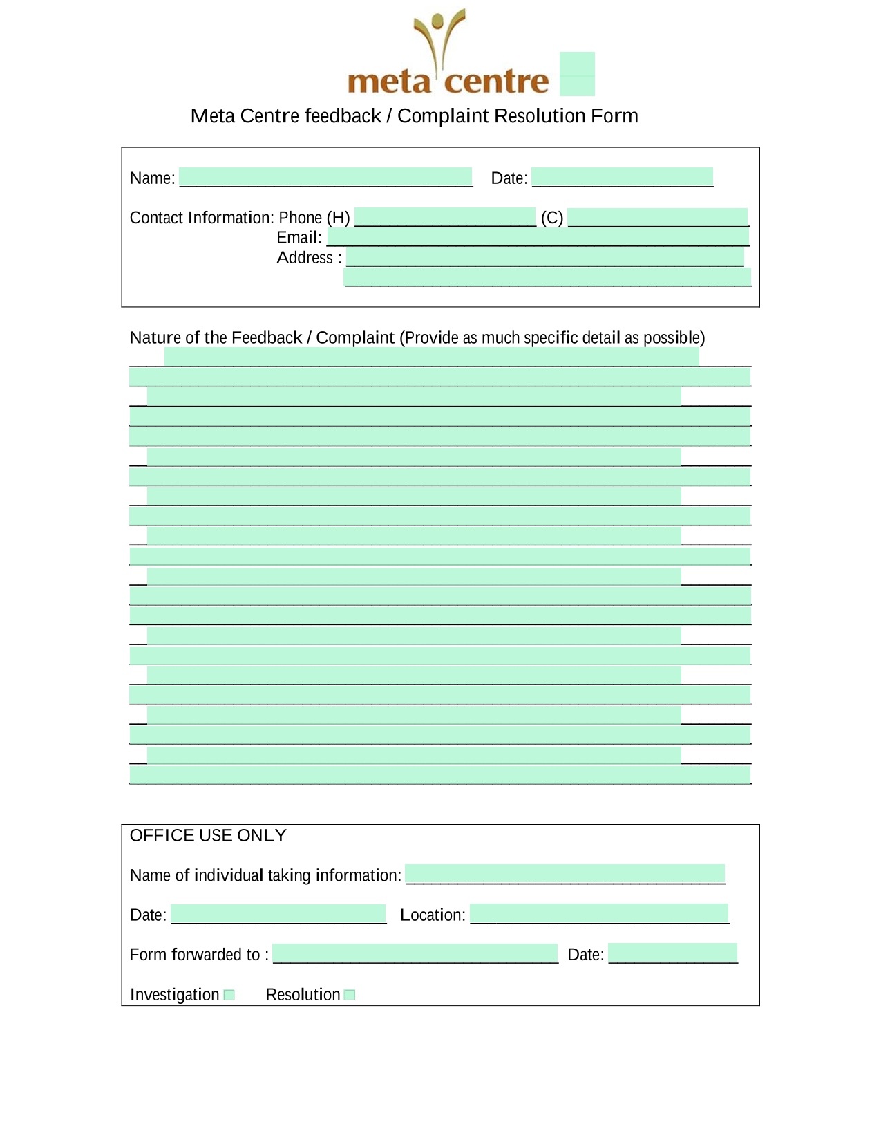 Meta Centre Feedback  Complaint Resolution Form screenshot