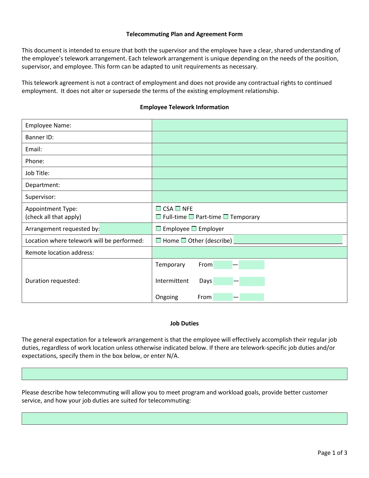 Telecommuting Plan And Agreement Form screenshot