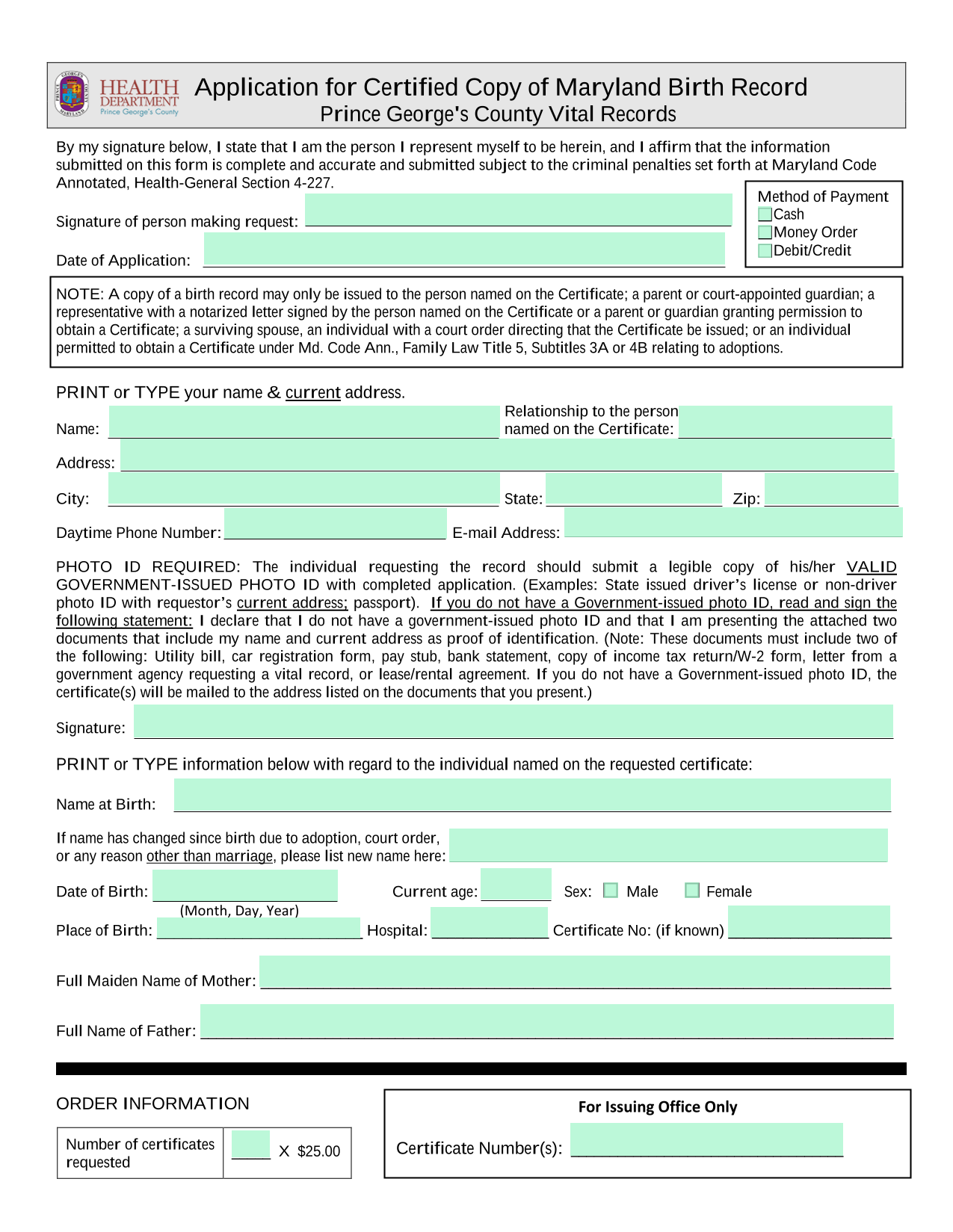 Application For Certified Copy Of Maryland Birth Record screenshot