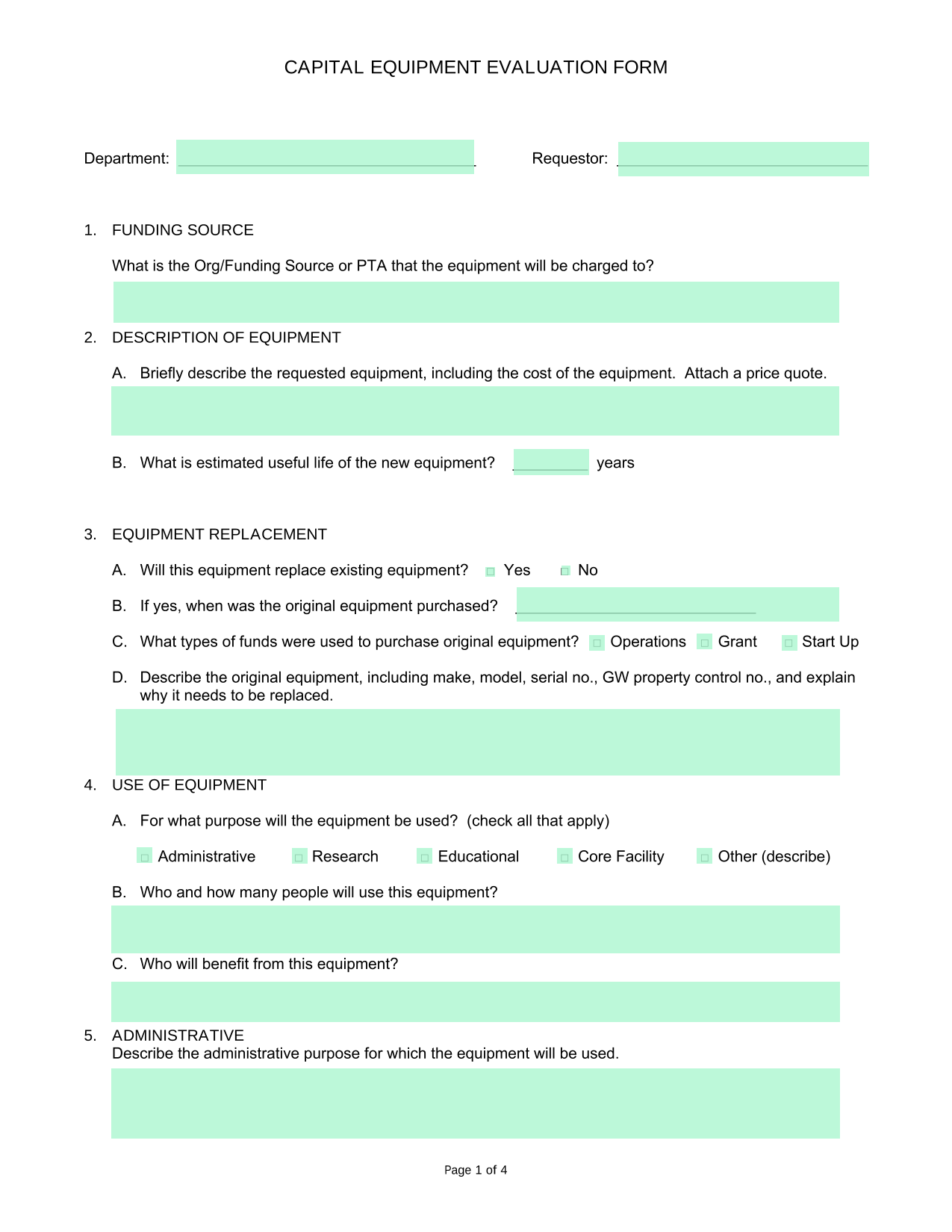 Capital Equipment Evaluation Form screenshot