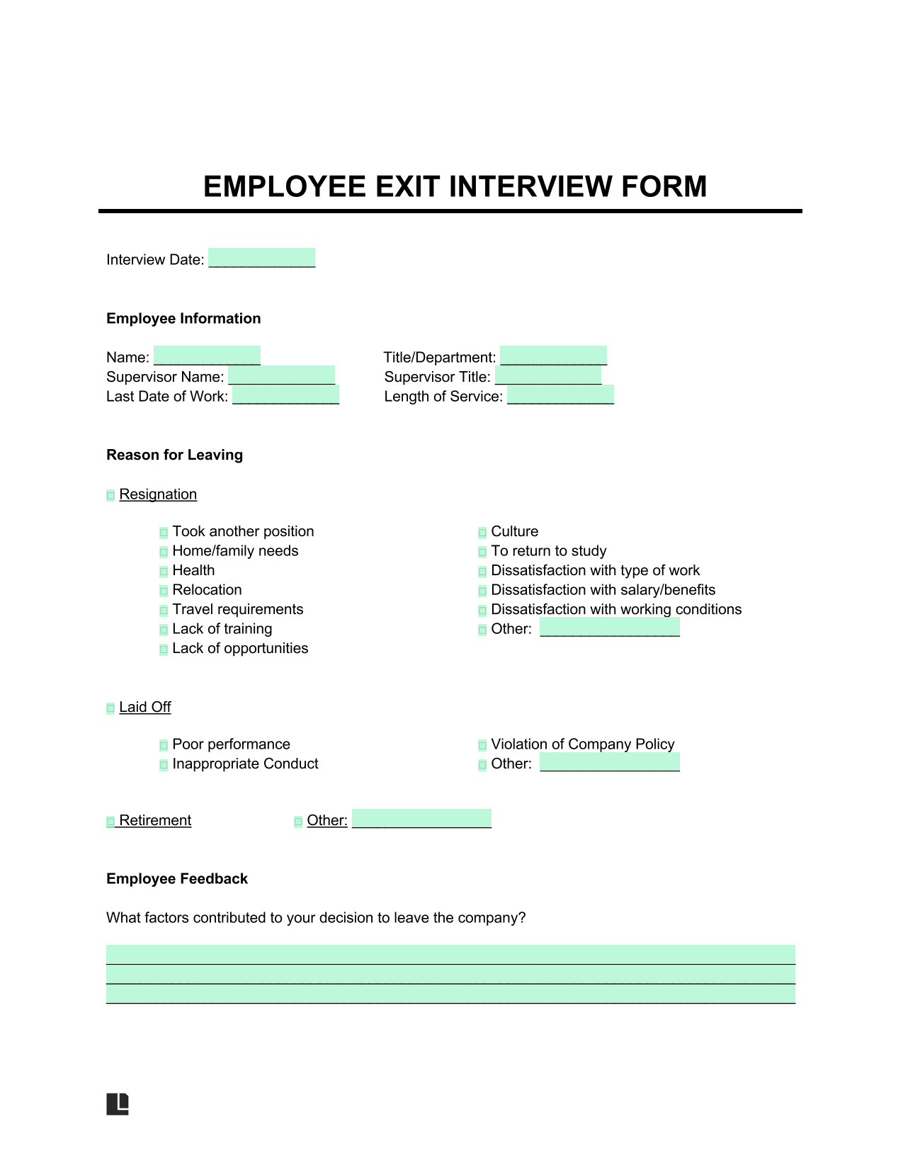 EMPLOYEE EXIT INTERVIEW FORM screenshot