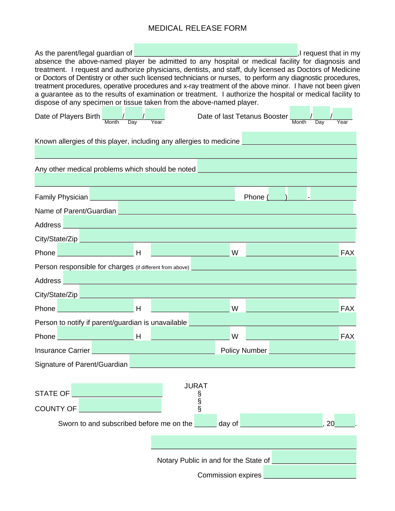 MEDICAL RELEASE FORM screenshot