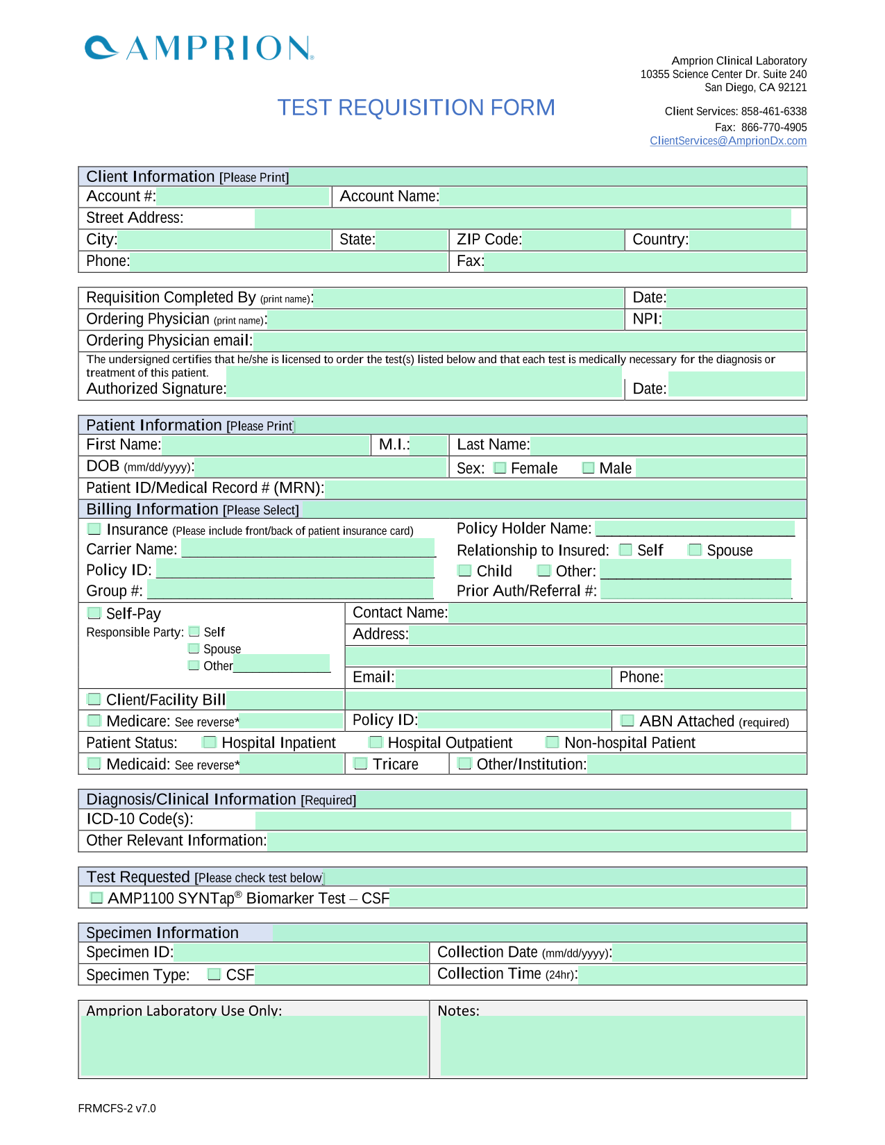 Amprion Clinical Laboratory Test Requisition Form screenshot