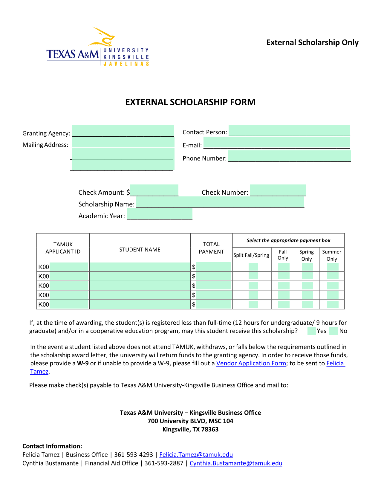 External Scholarship Form screenshot