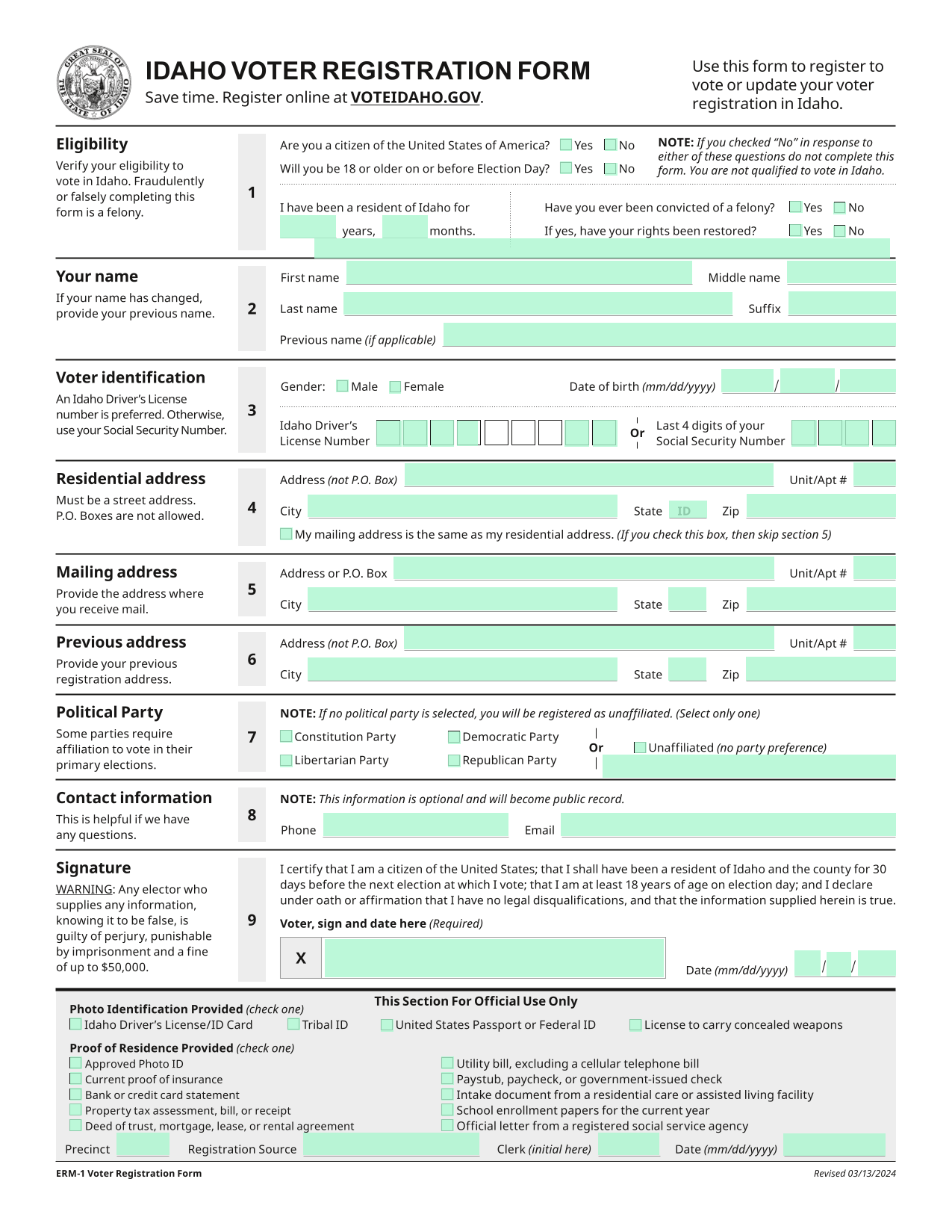 Idaho Voter Registration Form screenshot