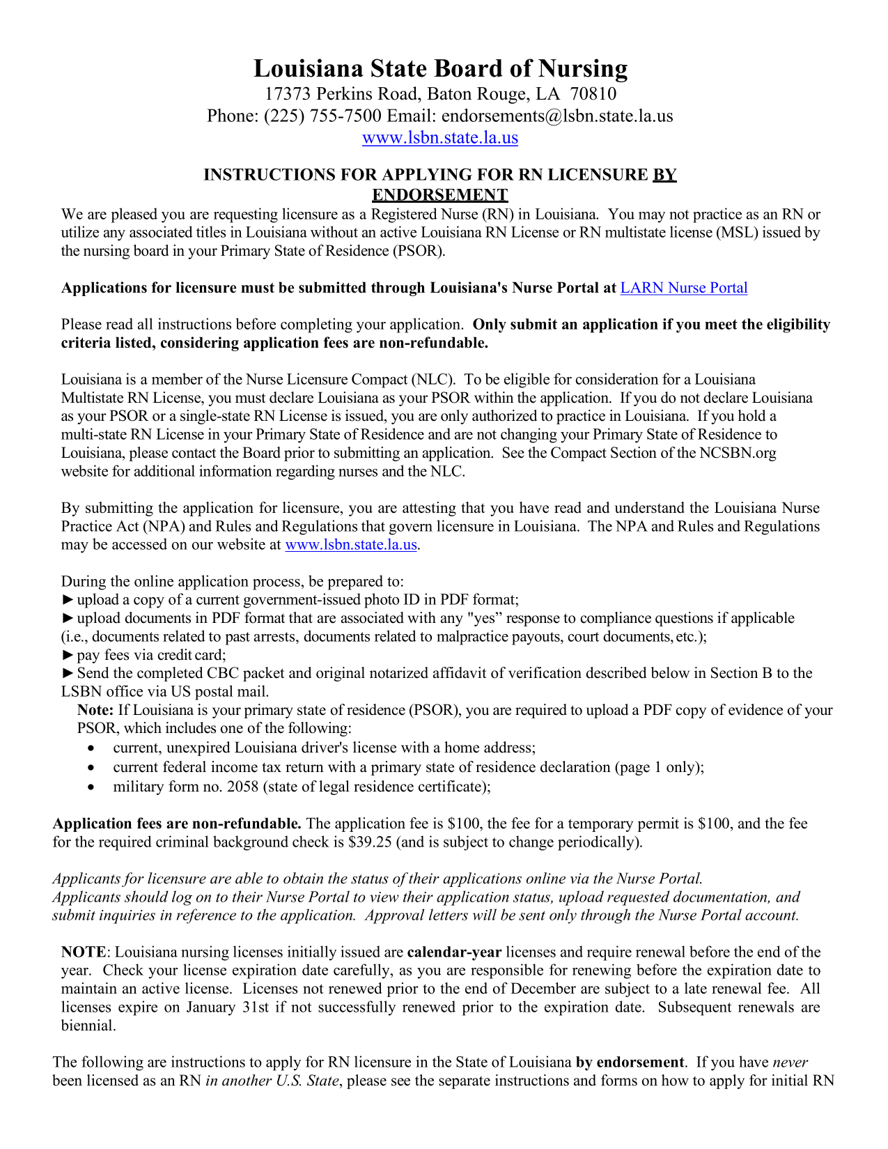 Instructions For Applying For RN Licensure By Endorsement screenshot