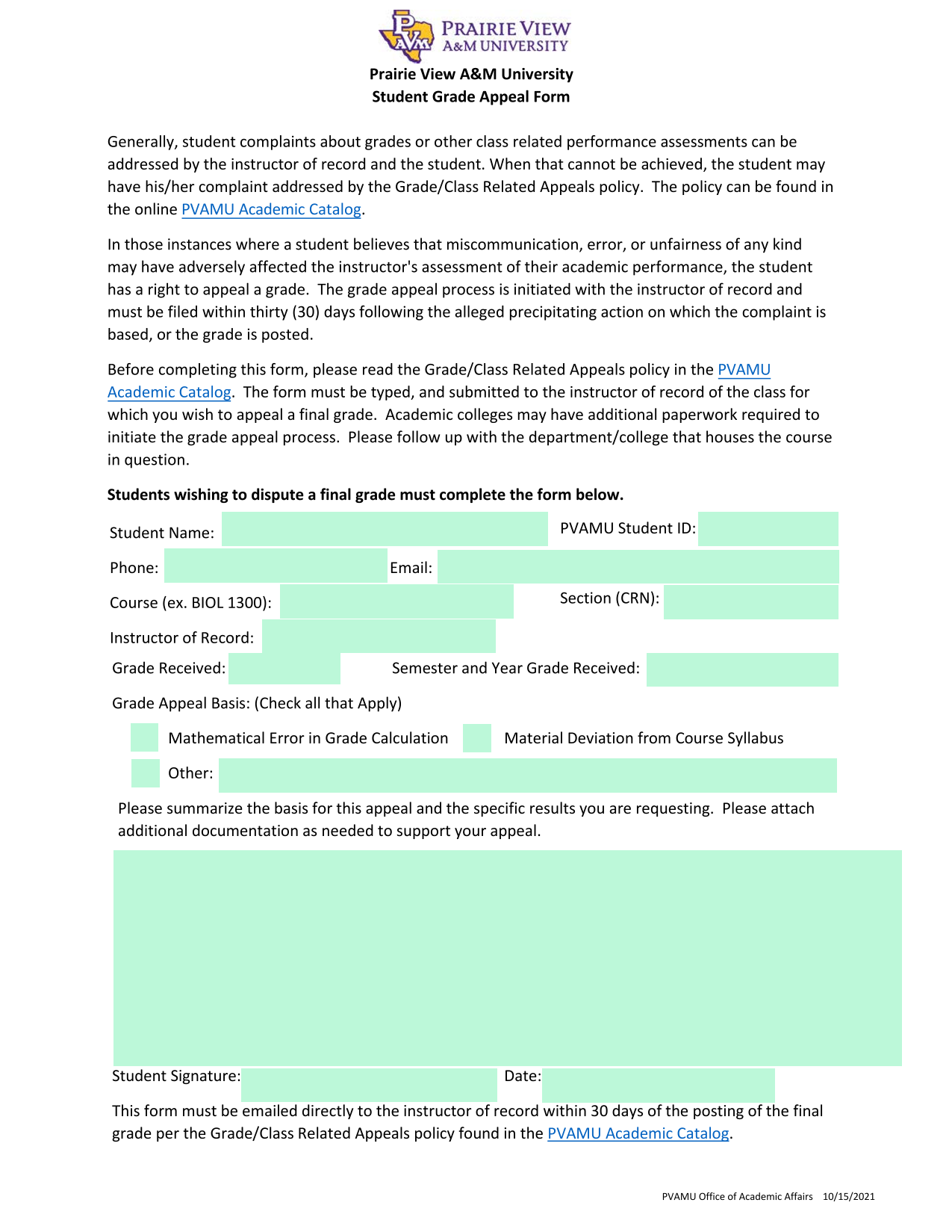Student Grade Appeal Form screenshot