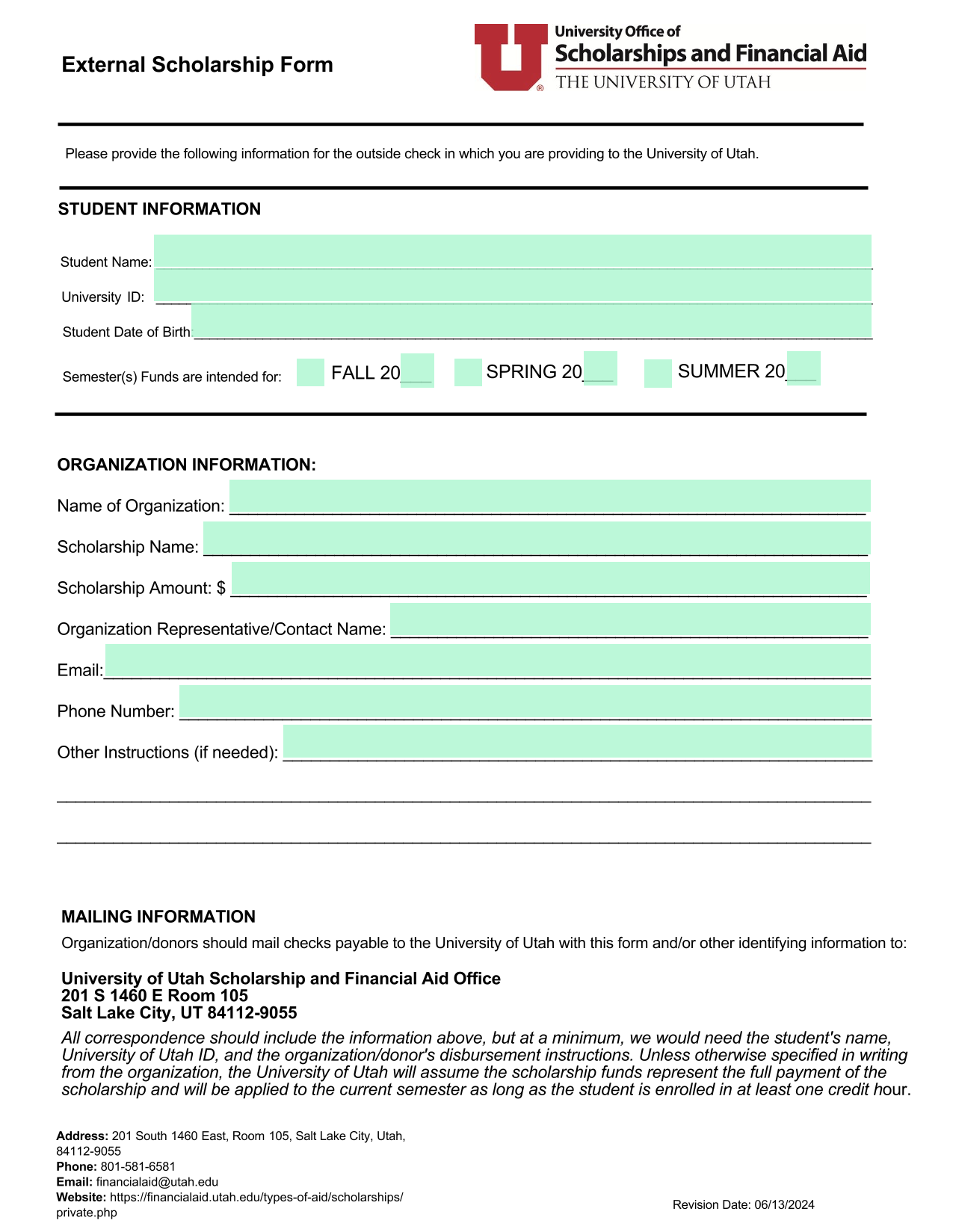 External Scholarship Form screenshot
