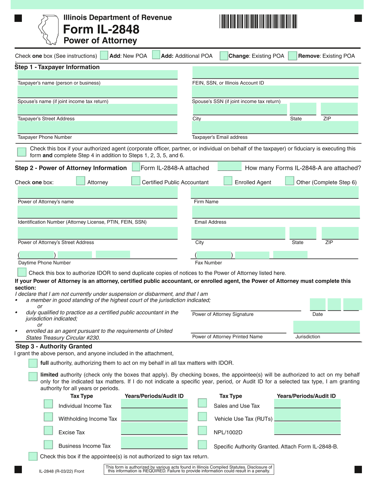 Form IL 2848 Power Of Attorney screenshot