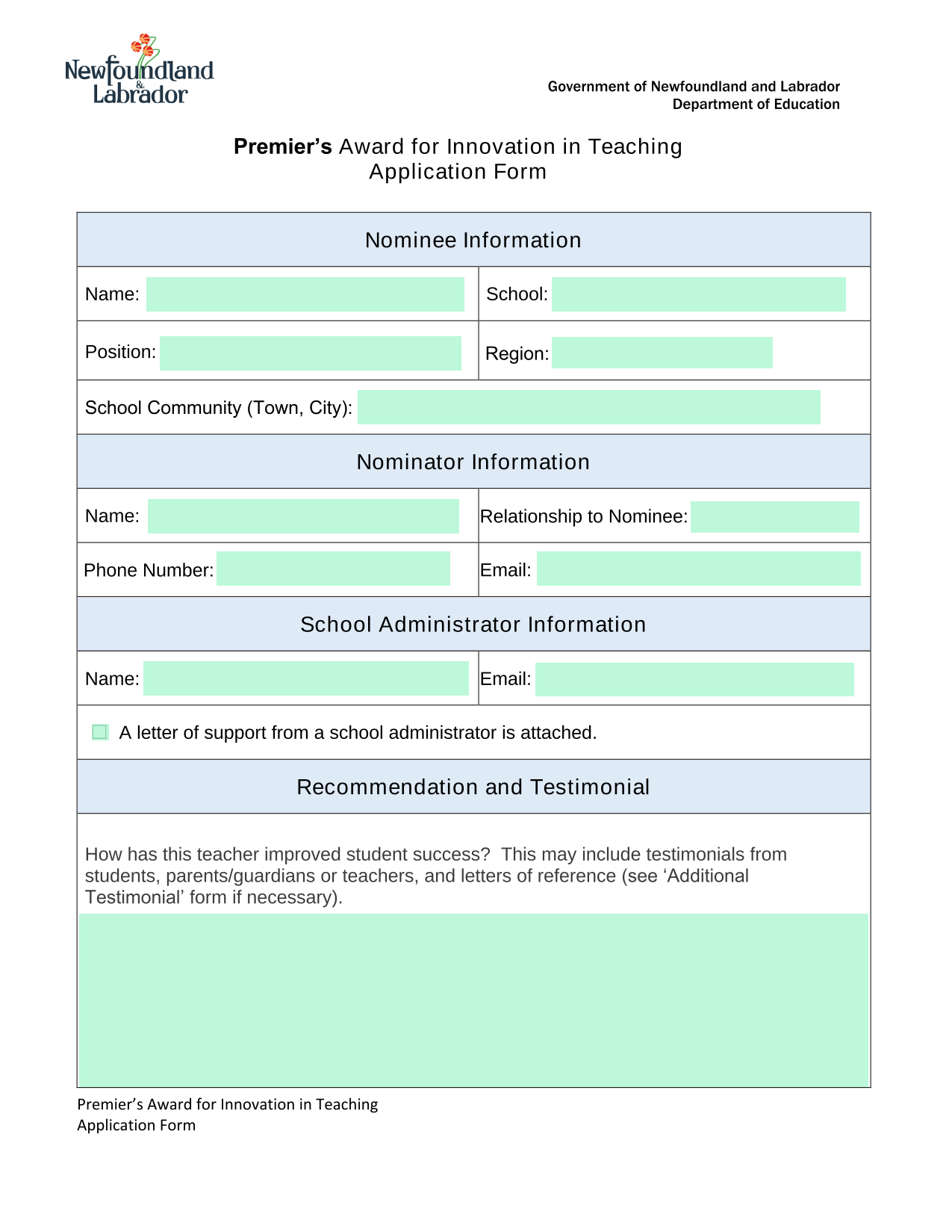 PremierS Award For Innovation In Teaching Application Form screenshot