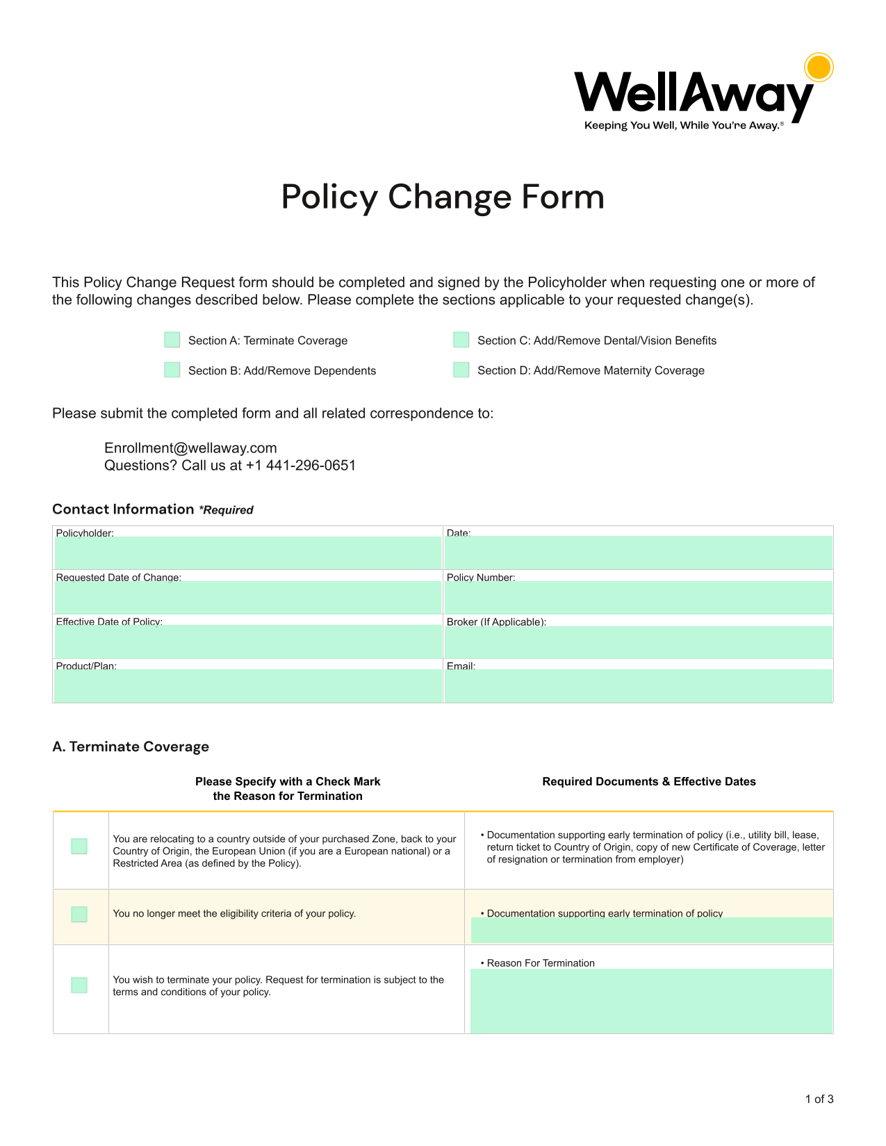 Policy Change Form screenshot