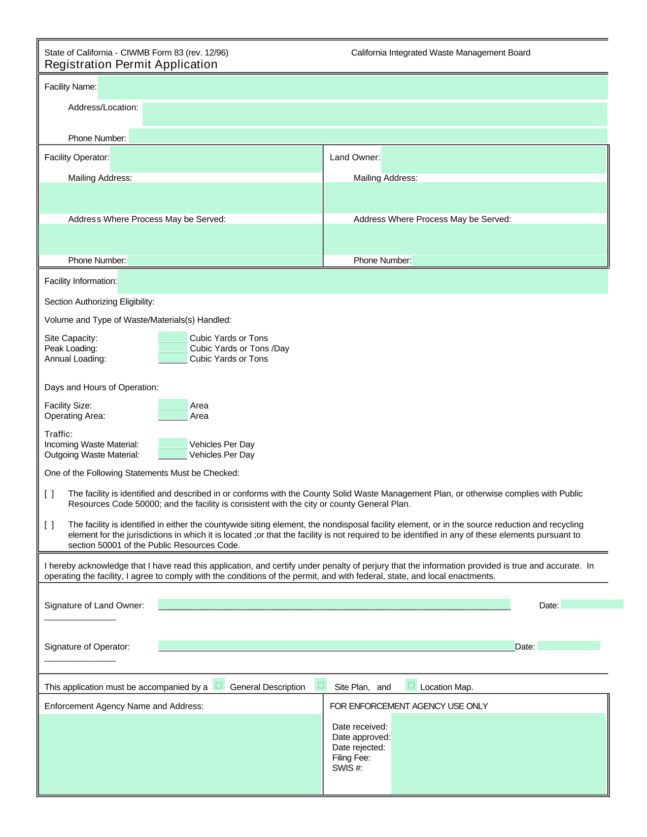 California Integrated Waste Management Board Registration Permit Application screenshot
