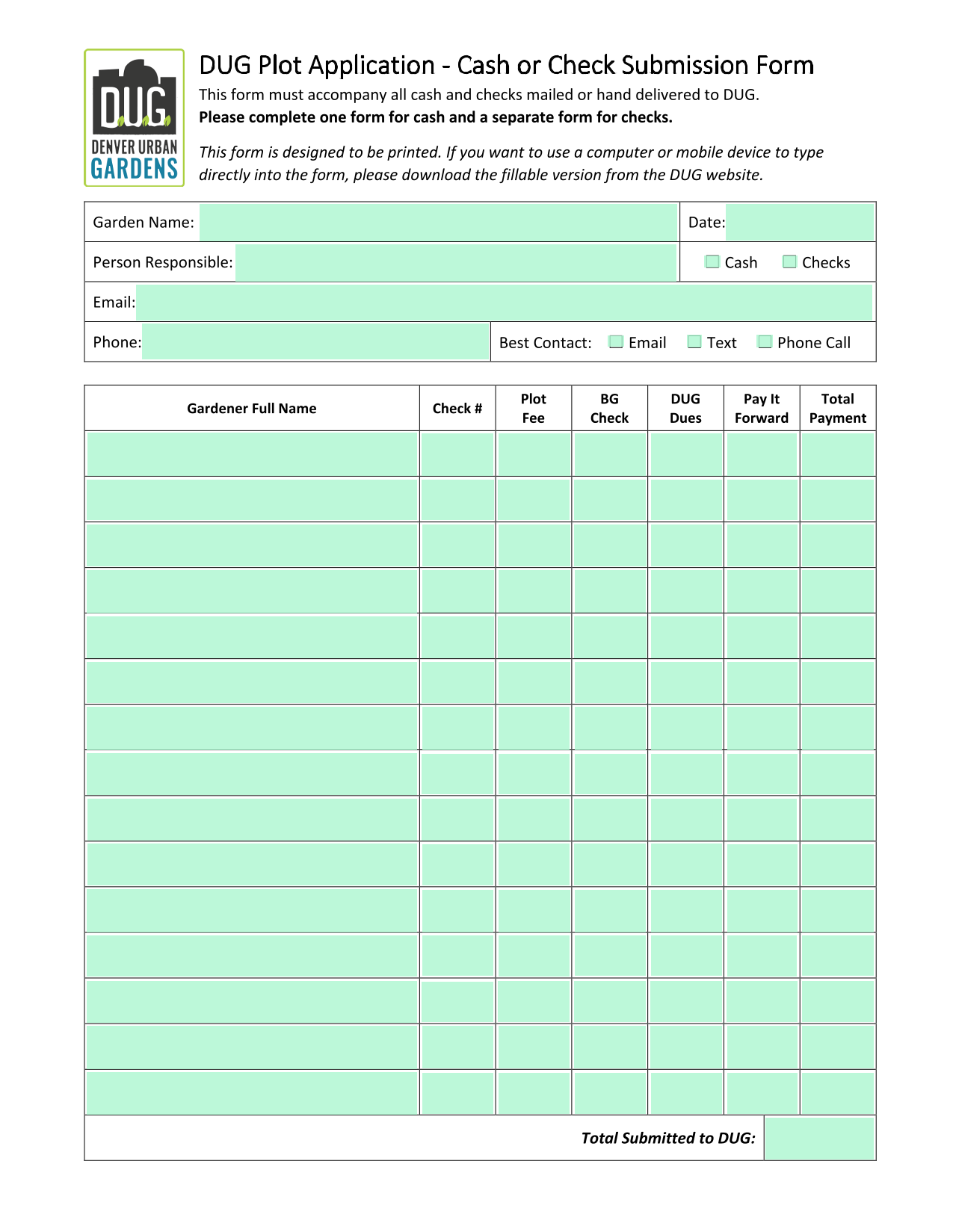 DUG Plot Application   Cash Or Check Submission Form screenshot