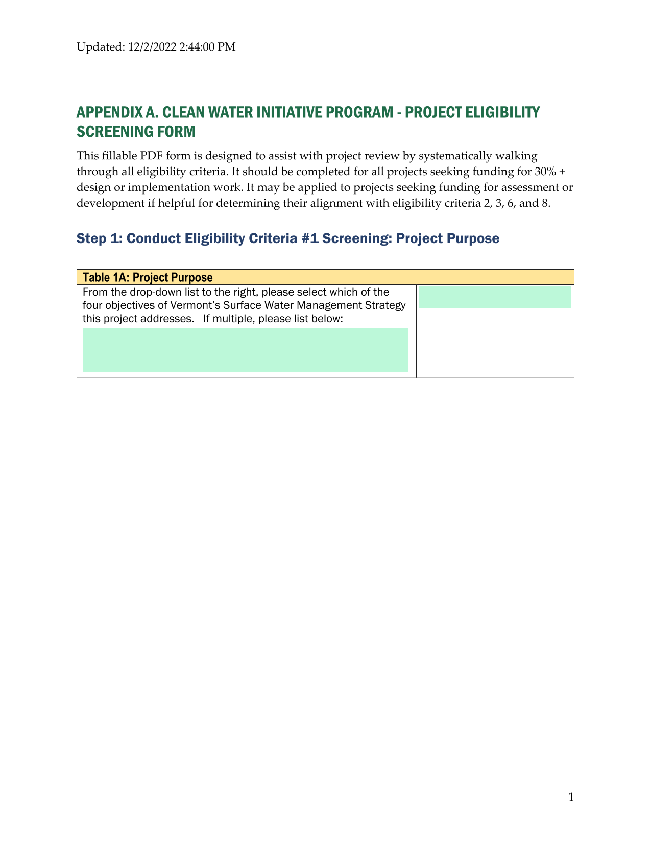 Clean Water Initiative Program   Project Eligibility Screening Form screenshot