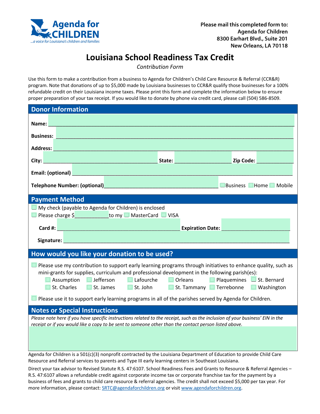Louisiana School Readiness Tax Credit Contribution Form screenshot