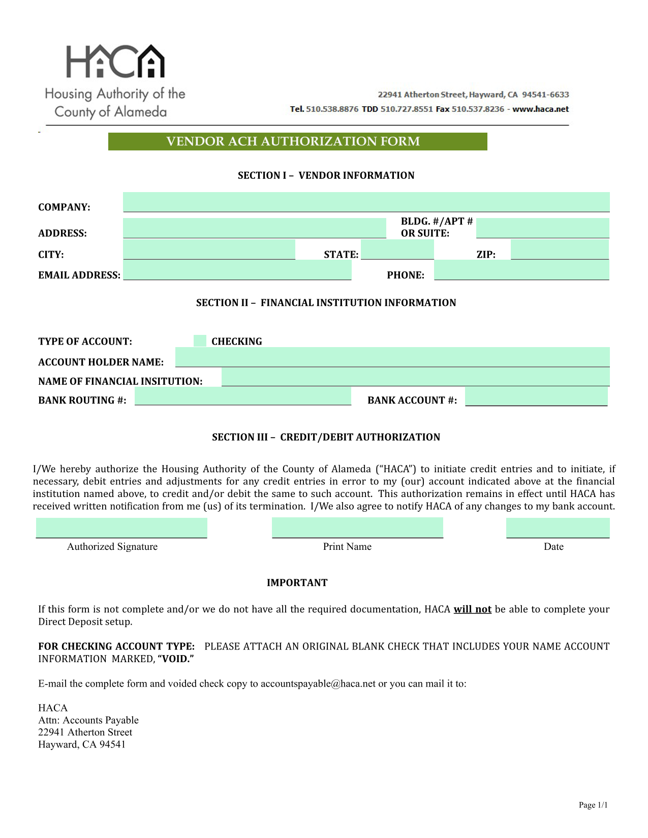 Vendor ACH Authorization Form screenshot