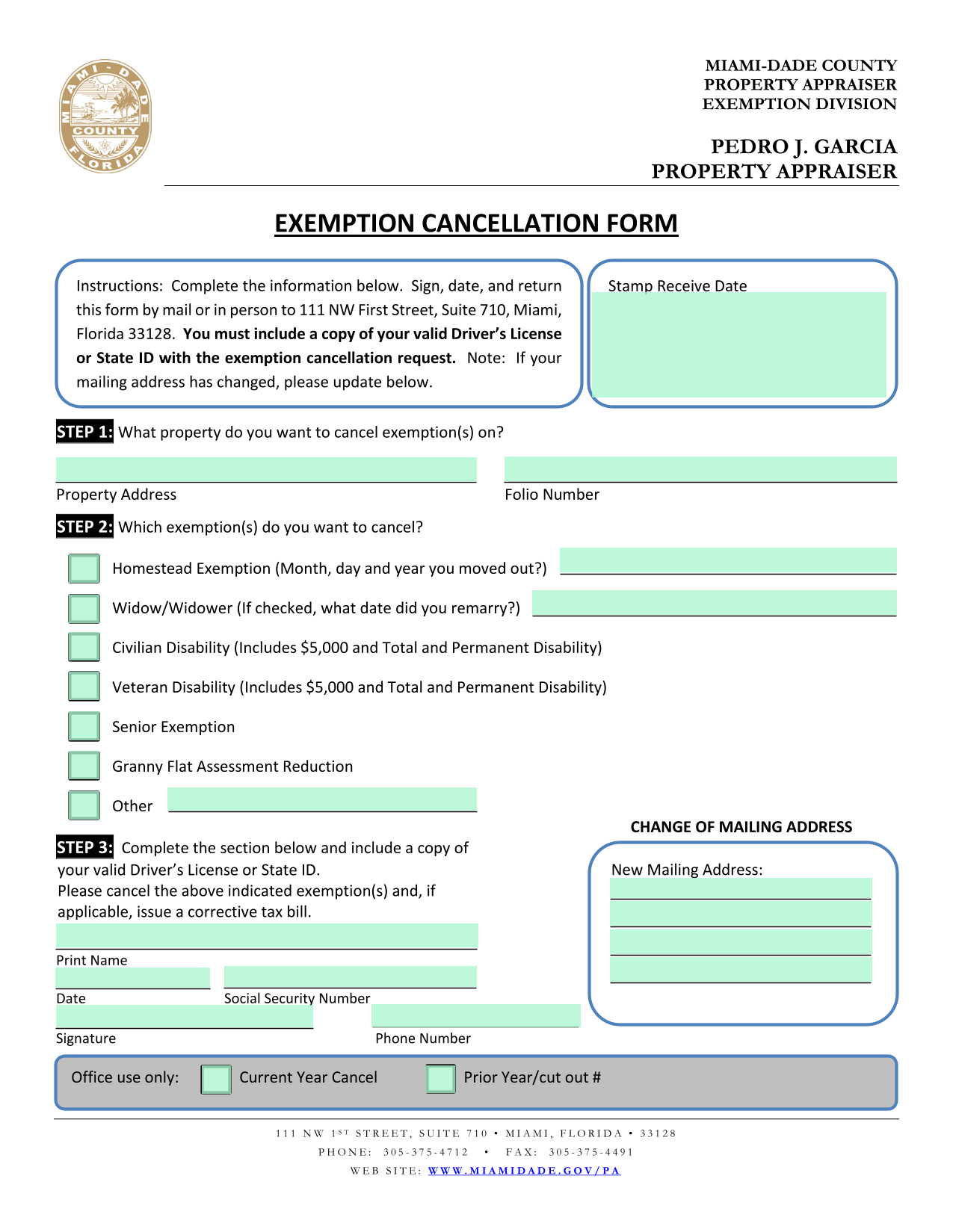 Exemption Cancellation Form screenshot