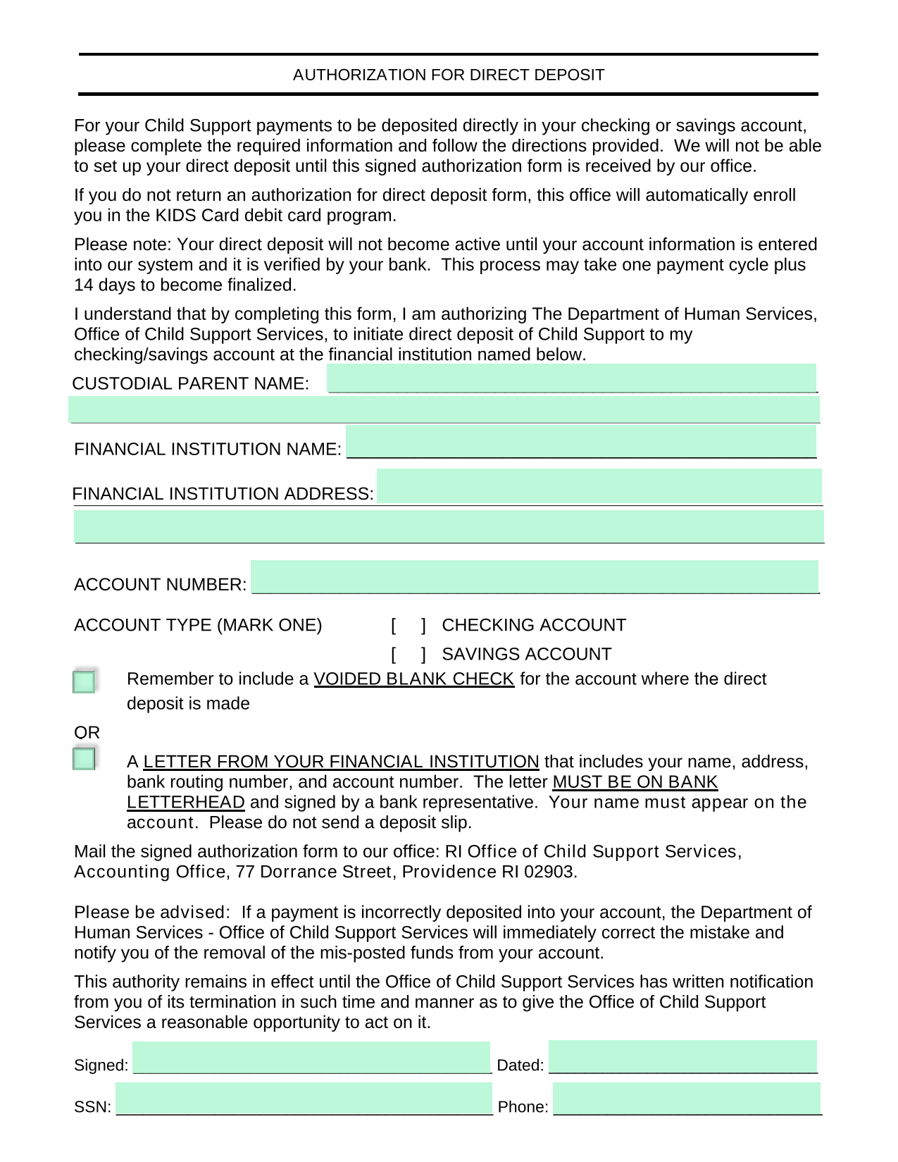 Authorization For Direct Deposit screenshot
