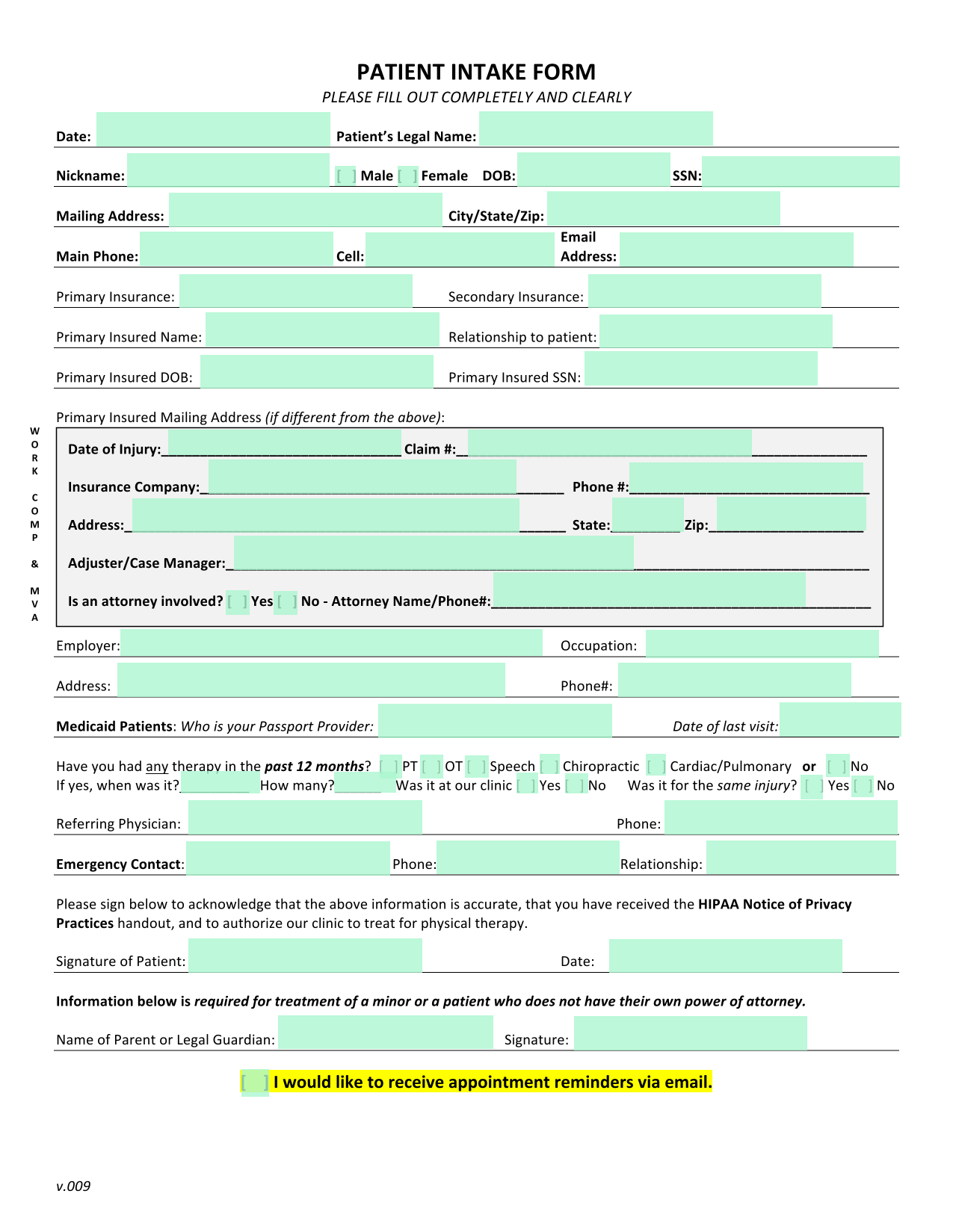 PATIENT INTAKE FORM screenshot